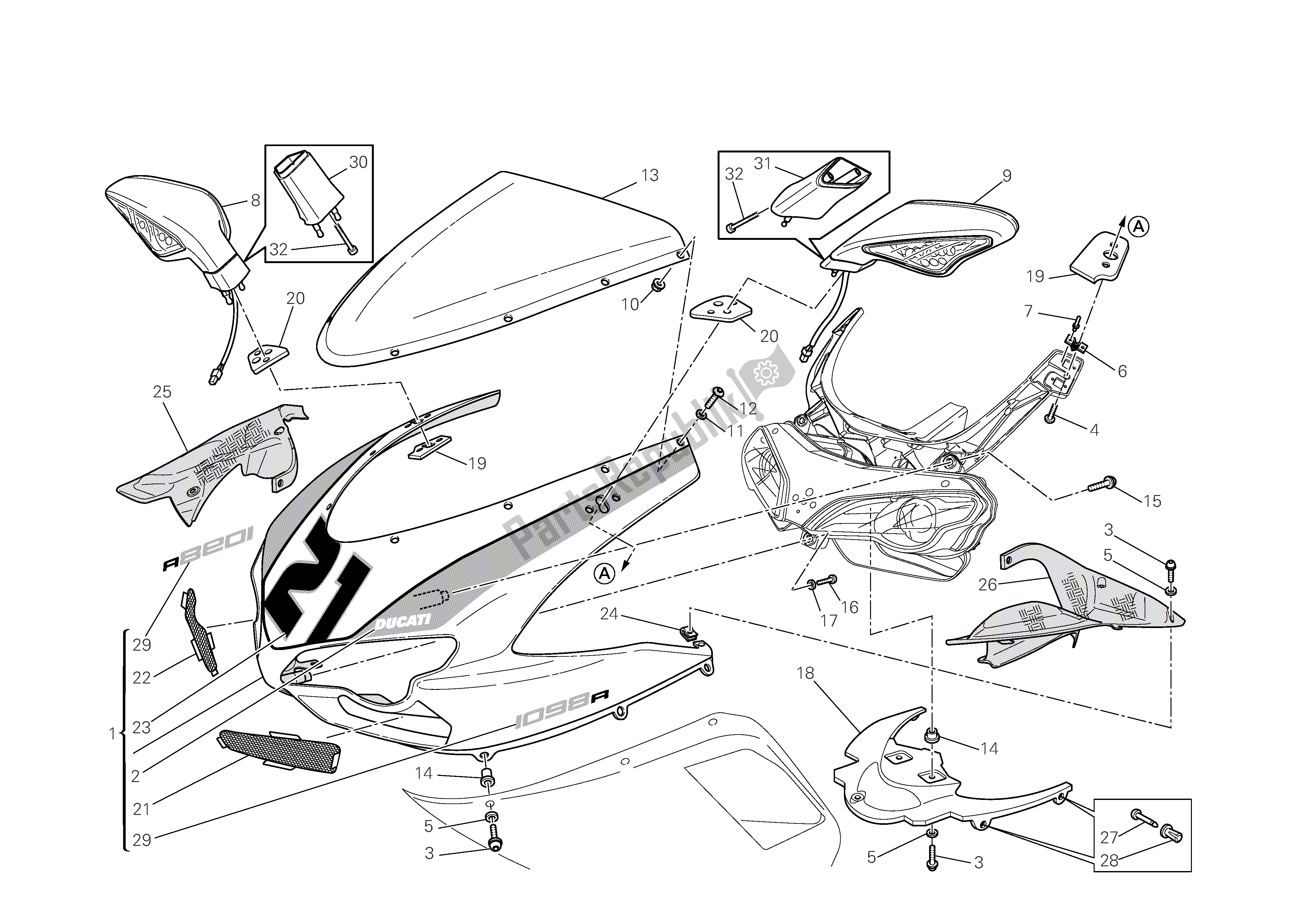 Alle onderdelen voor de Koplamp Kuip van de Ducati 1098 R Bayliss 2009