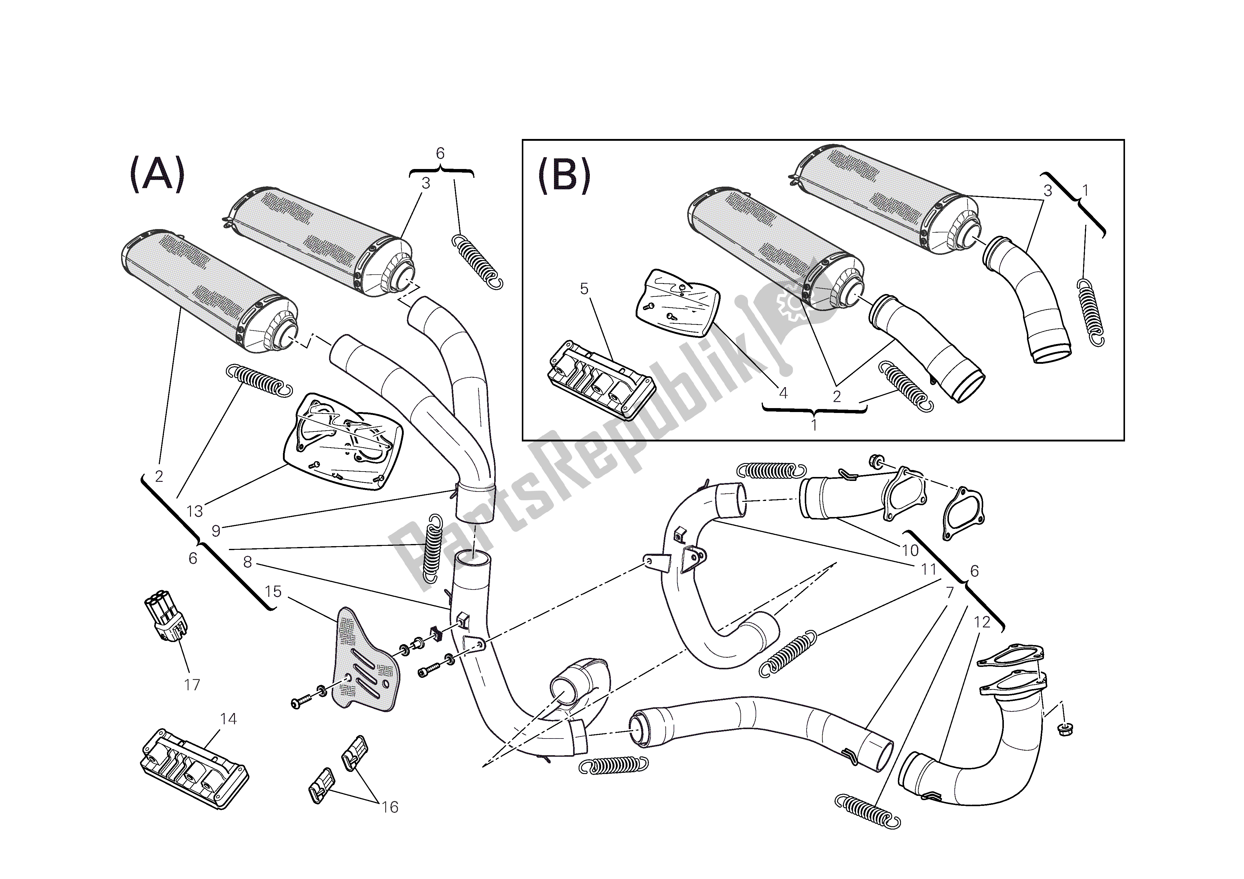 Alle onderdelen voor de Uitlaat Kit (a) / Geluiddemper Kit (b) van de Ducati 1098 R Bayliss 2009