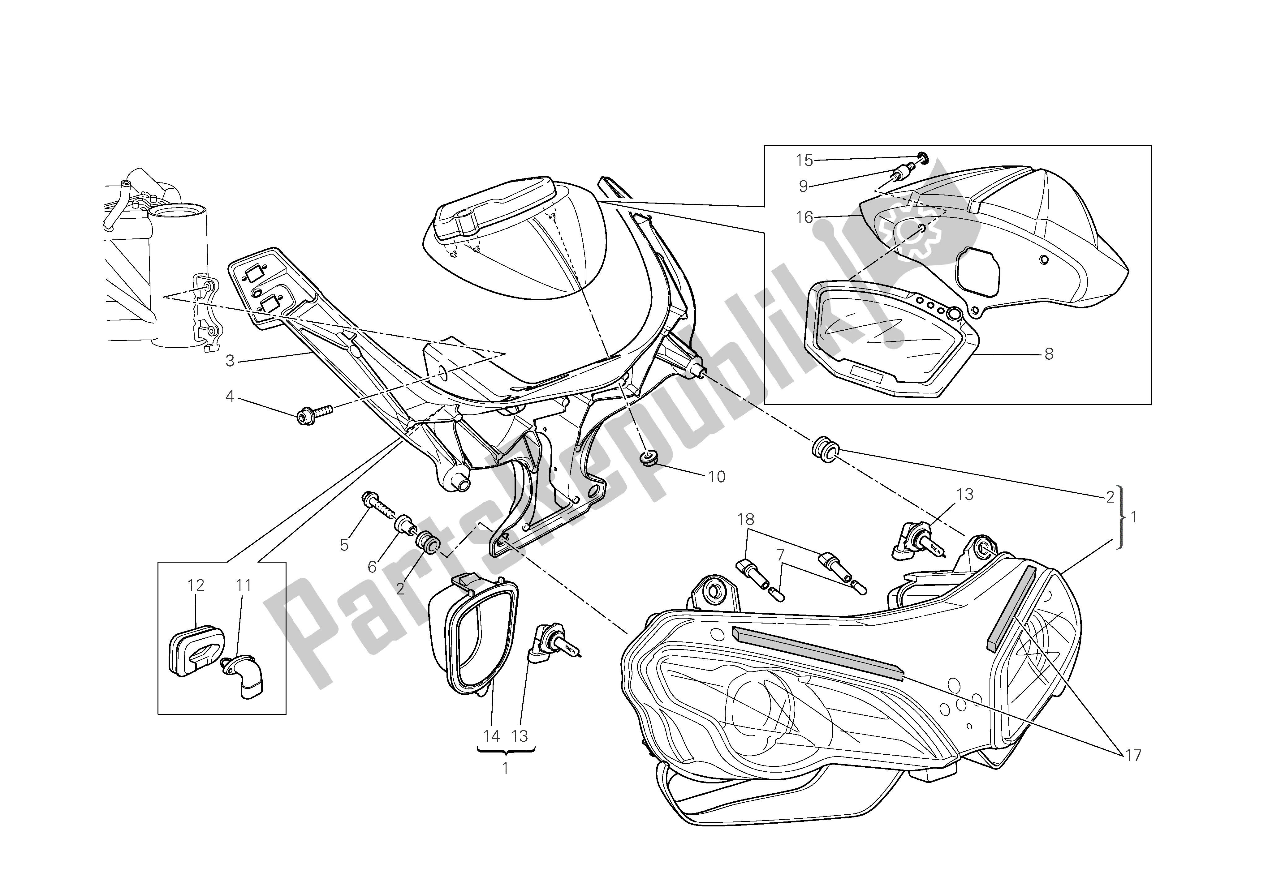 Alle onderdelen voor de Koplamp & Instr. Paneel van de Ducati 1098 R Bayliss 2009