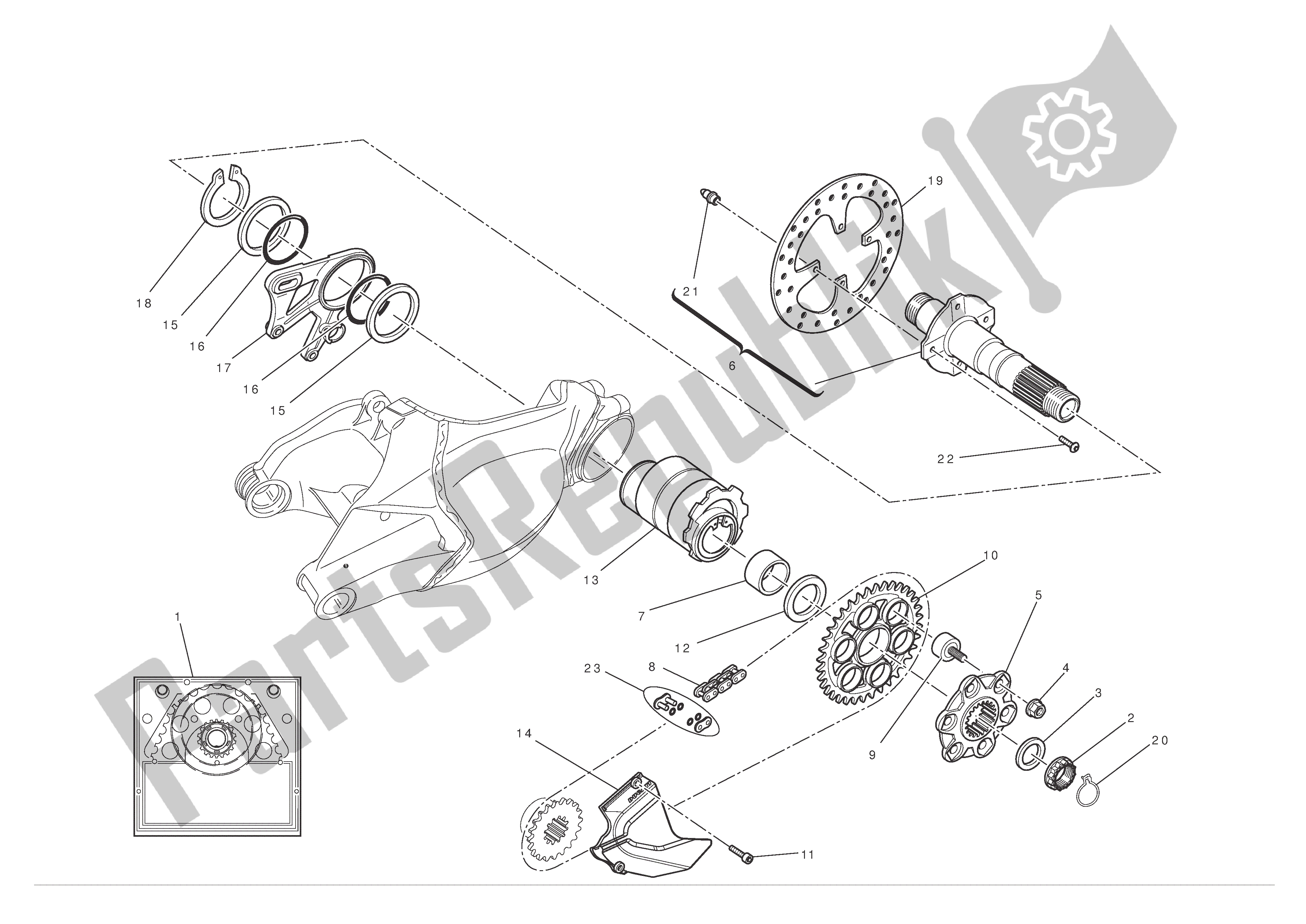 Alle onderdelen voor de Achterwielas van de Ducati 1198 SP 2011
