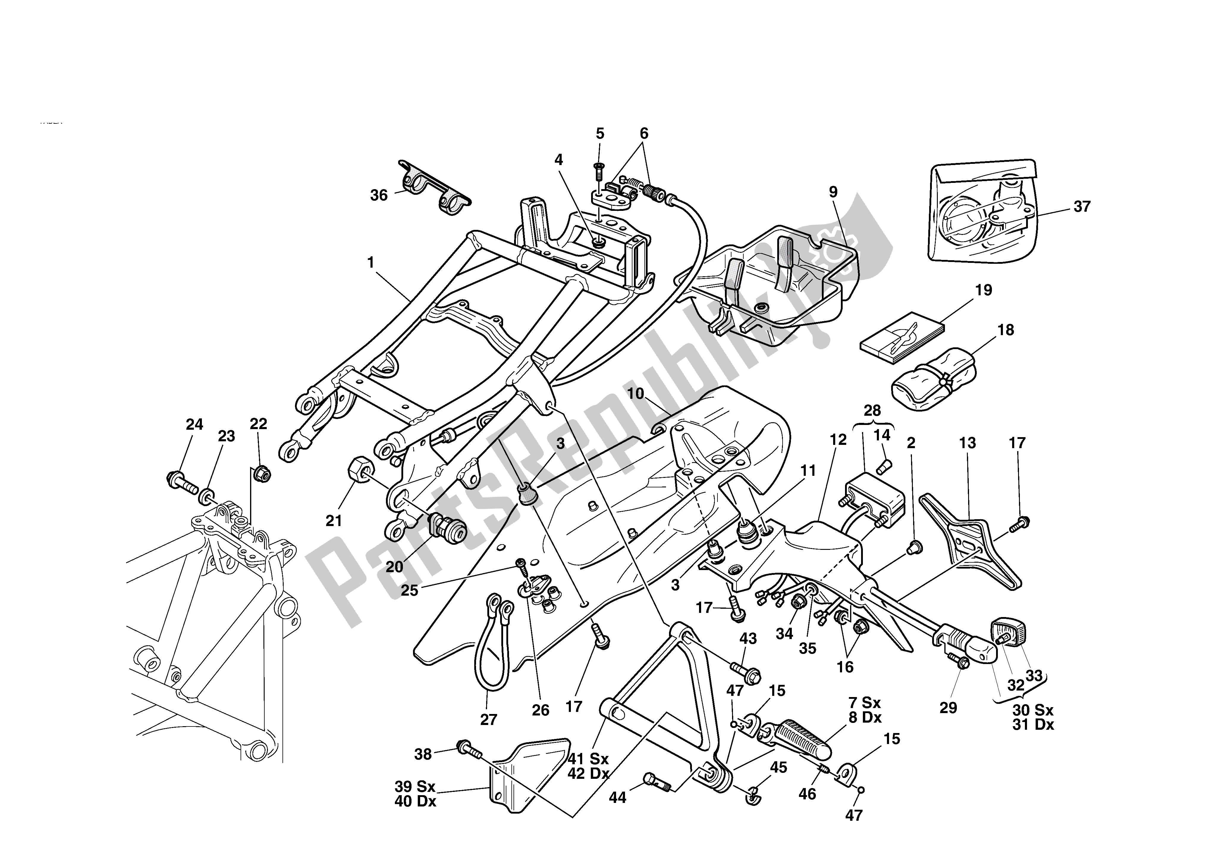 Tutte le parti per il Telaio Posteriore - Poggiapiedi Posteriori del Ducati 748S 2002