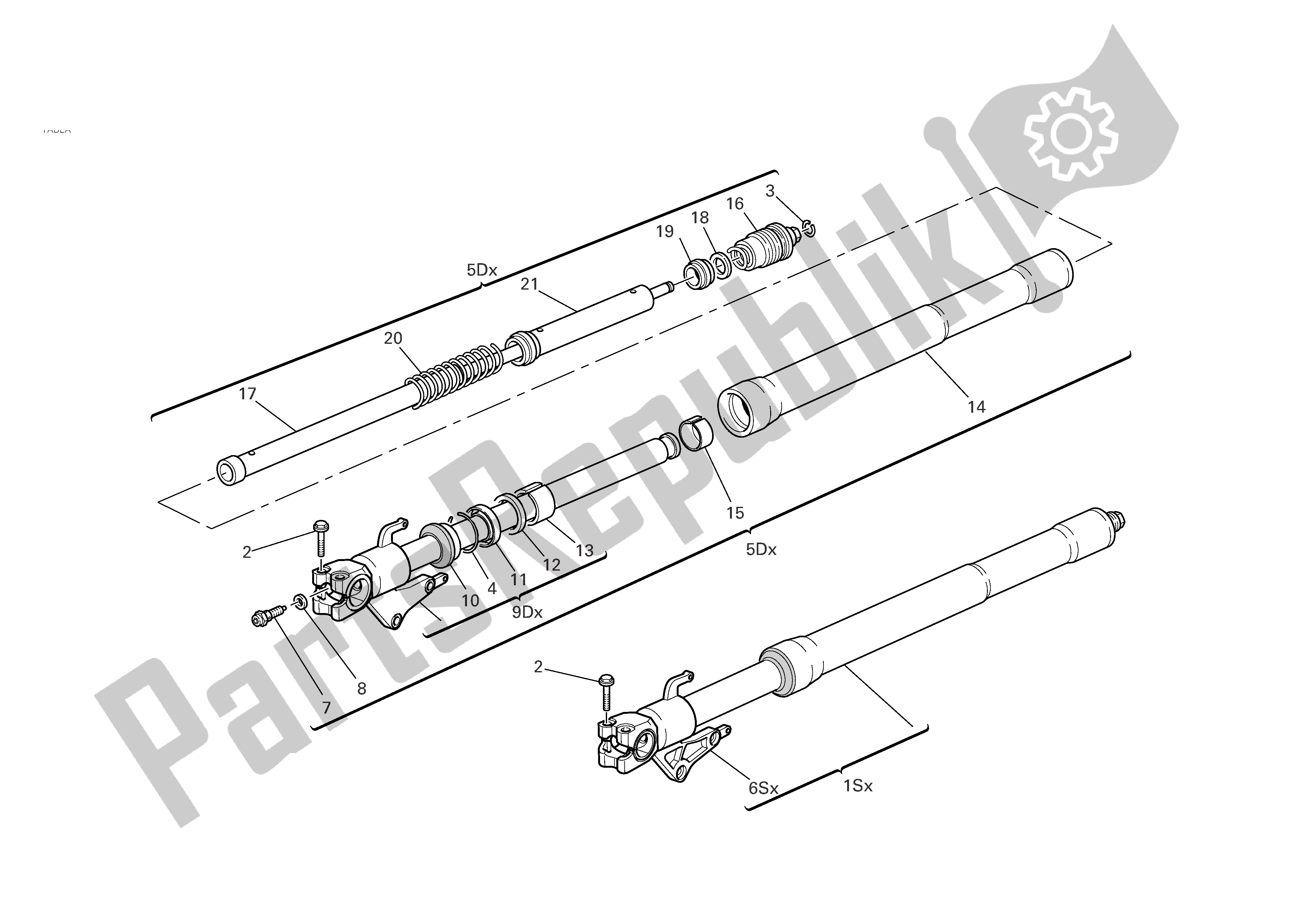 All parts for the Front Fork of the Ducati 749 Dark 2005