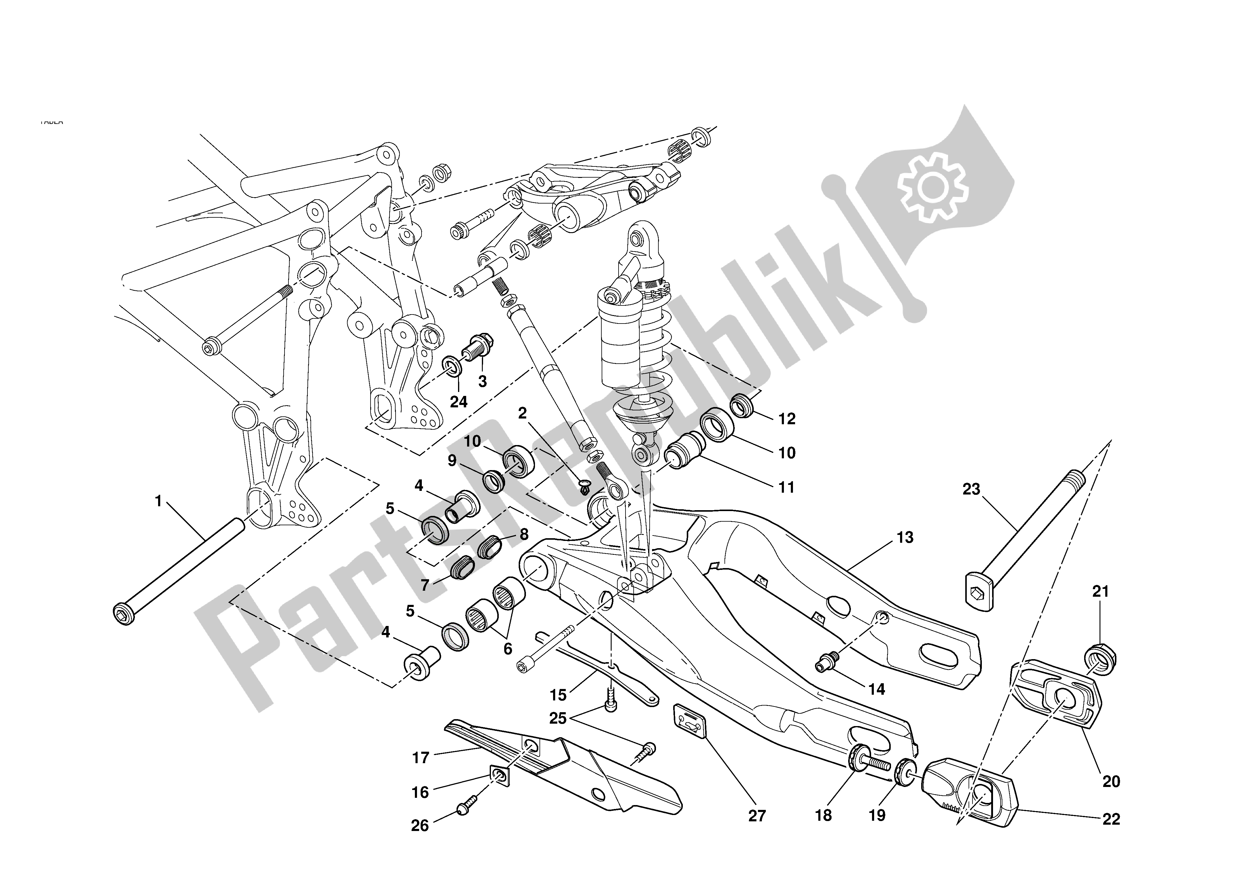 Alle onderdelen voor de Achtervork van de Ducati 749 2003