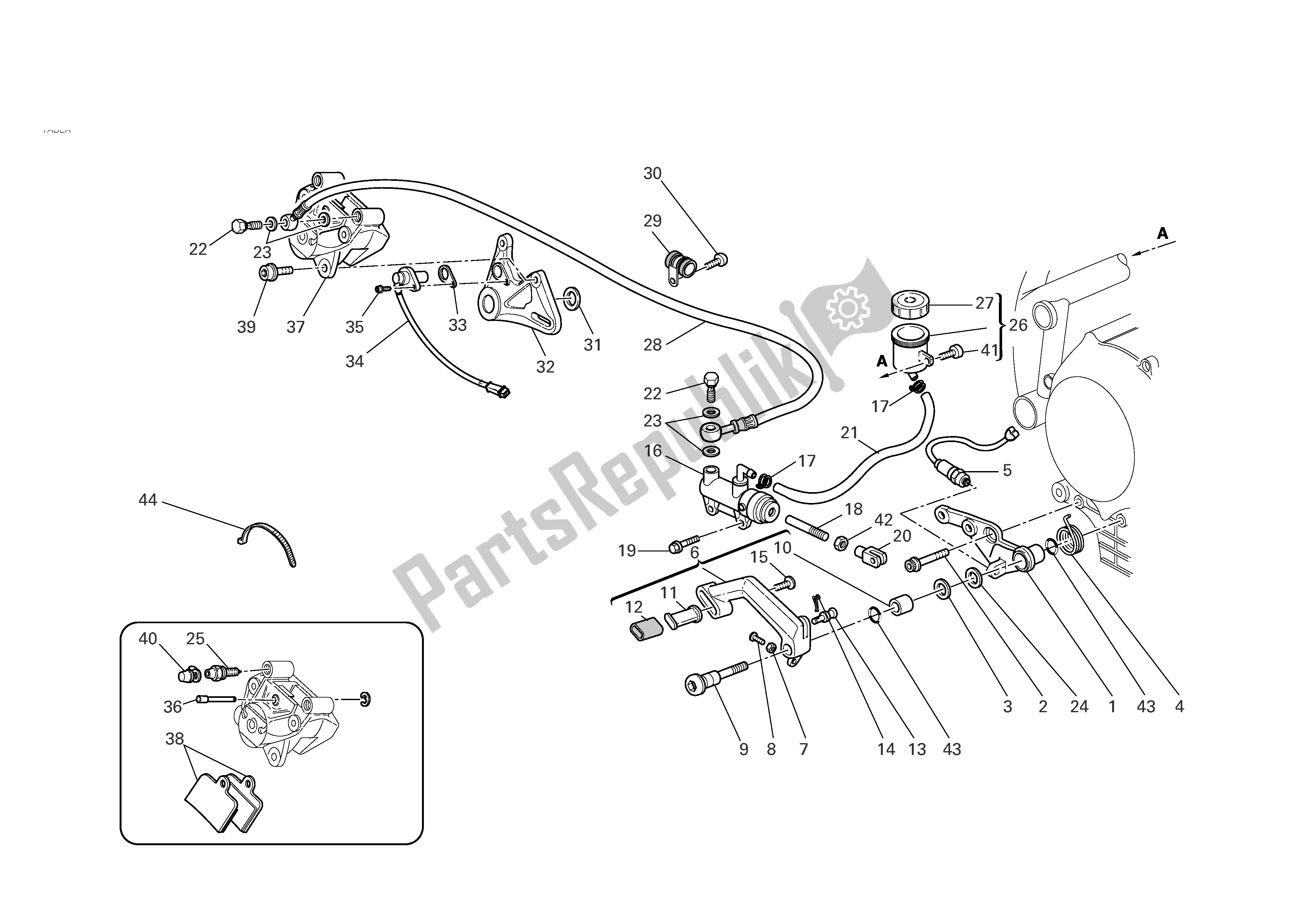 Alle onderdelen voor de Achter Hydraulische Rem van de Ducati 749R 2004