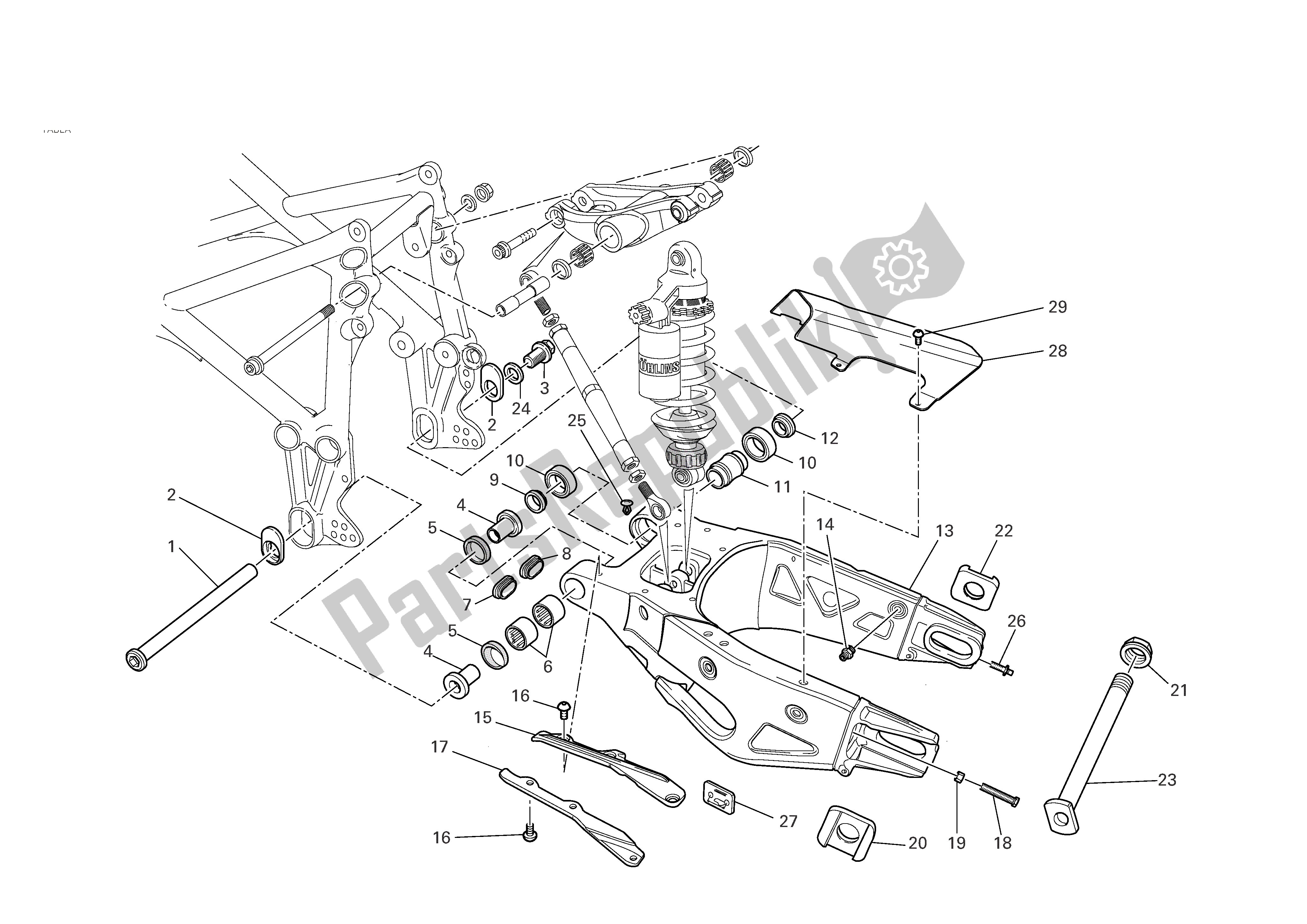Alle onderdelen voor de Achterbrug van de Ducati 749R 2004