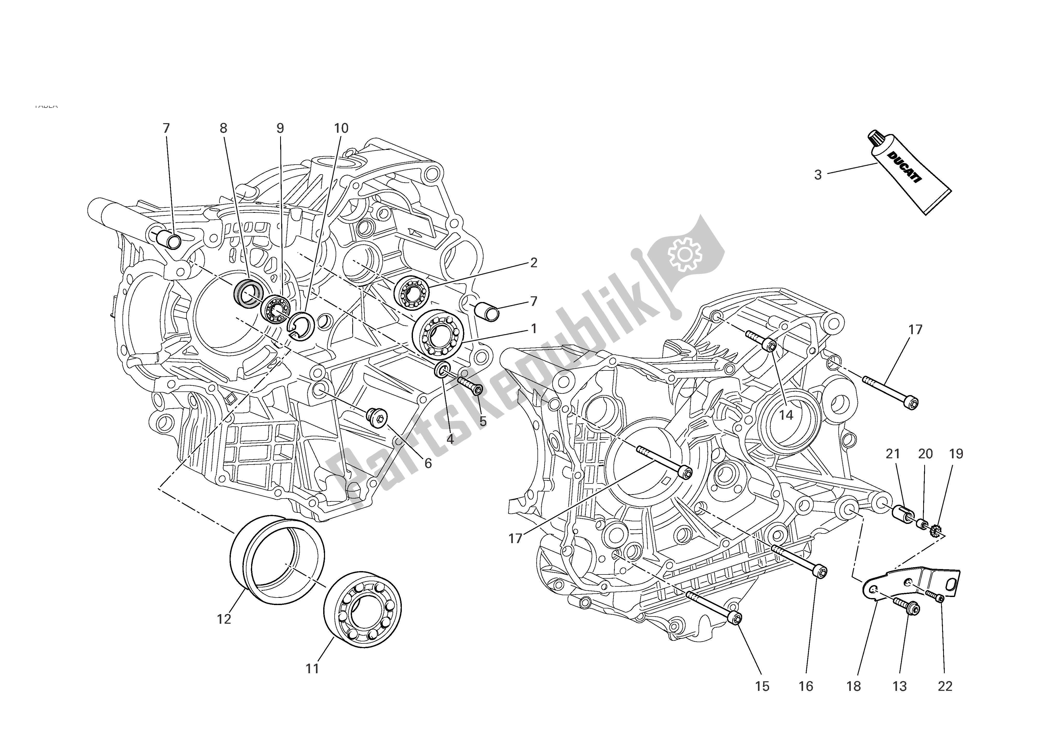 Alle onderdelen voor de Carterhelften van de Ducati 749R 2004