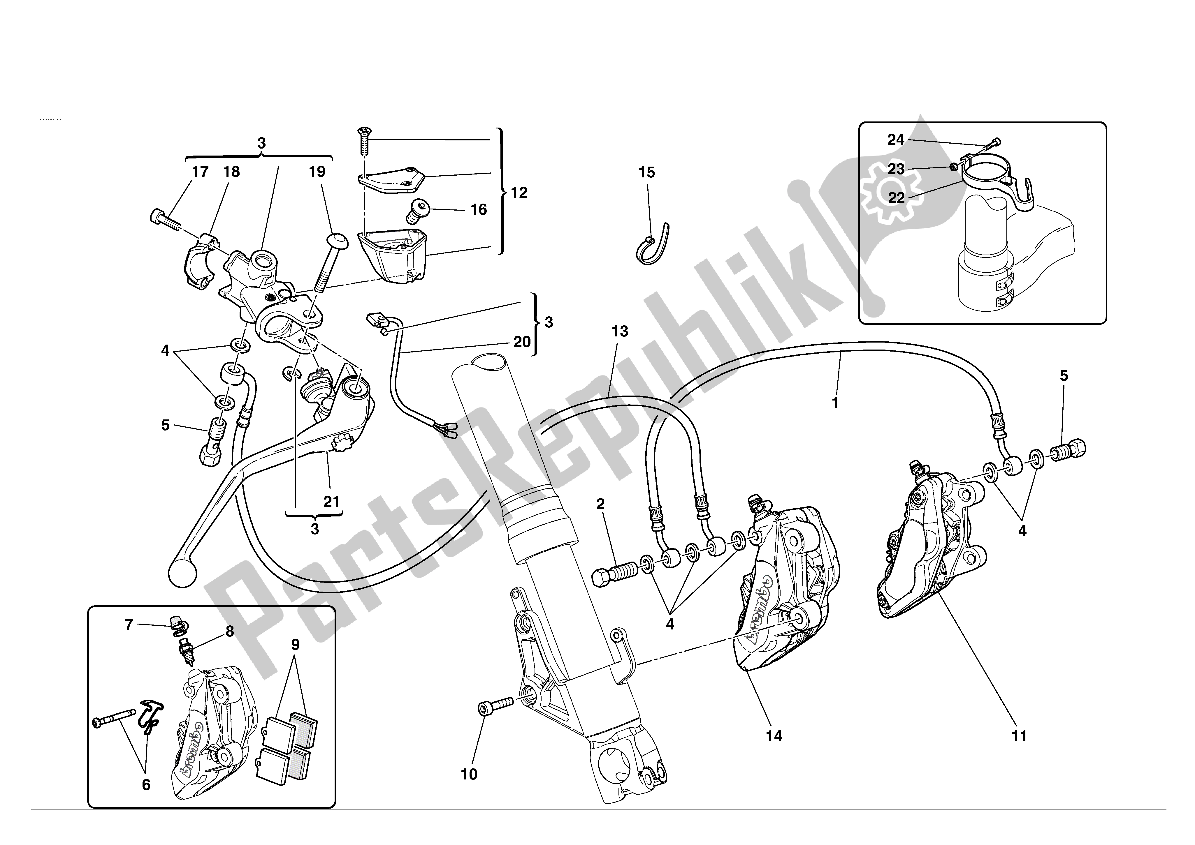 Alle onderdelen voor de Hydraulische Rem Vooraan van de Ducati 749S 2004