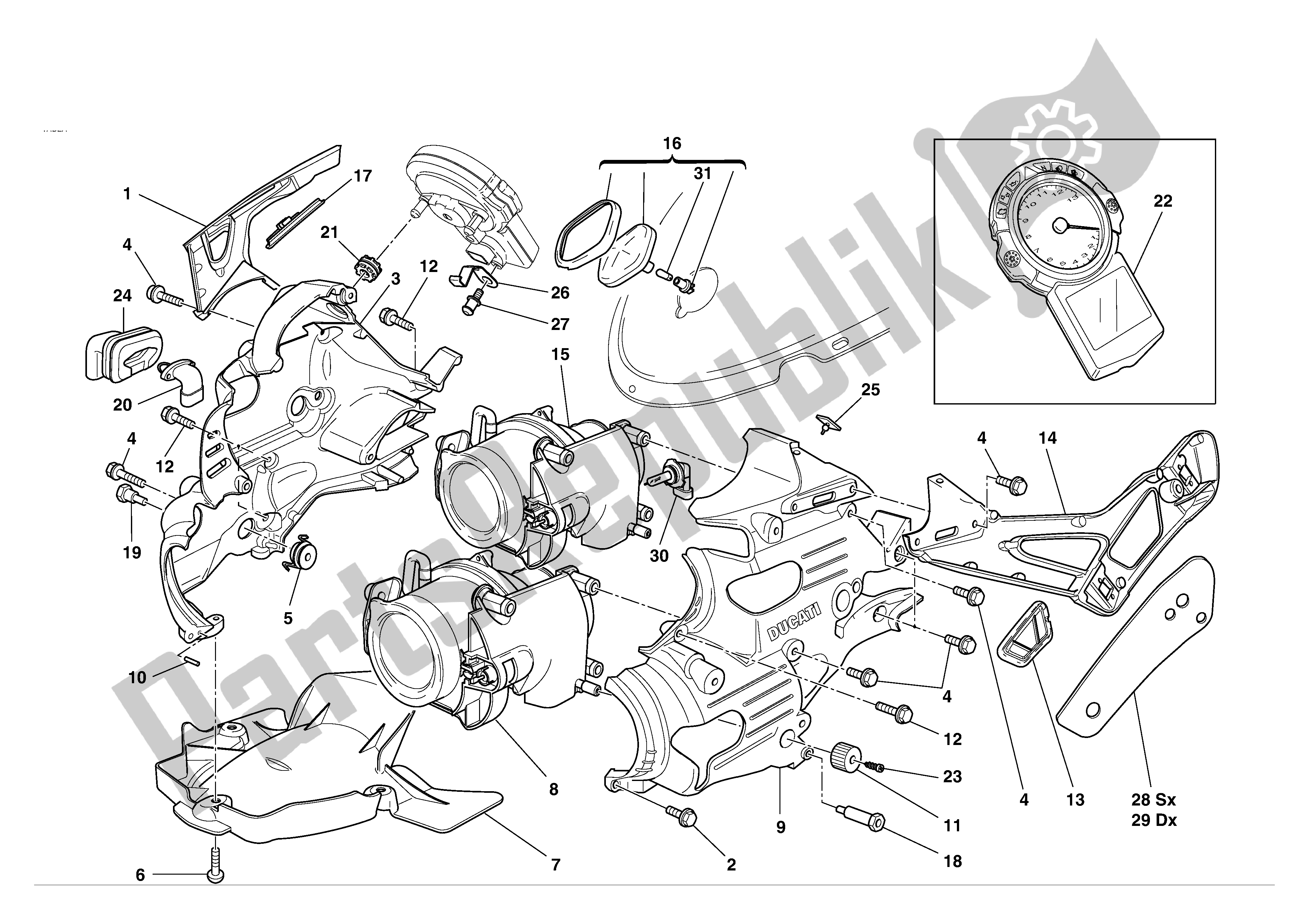 Alle onderdelen voor de Koplamp En Instrumentenpaneel van de Ducati 749S 2004