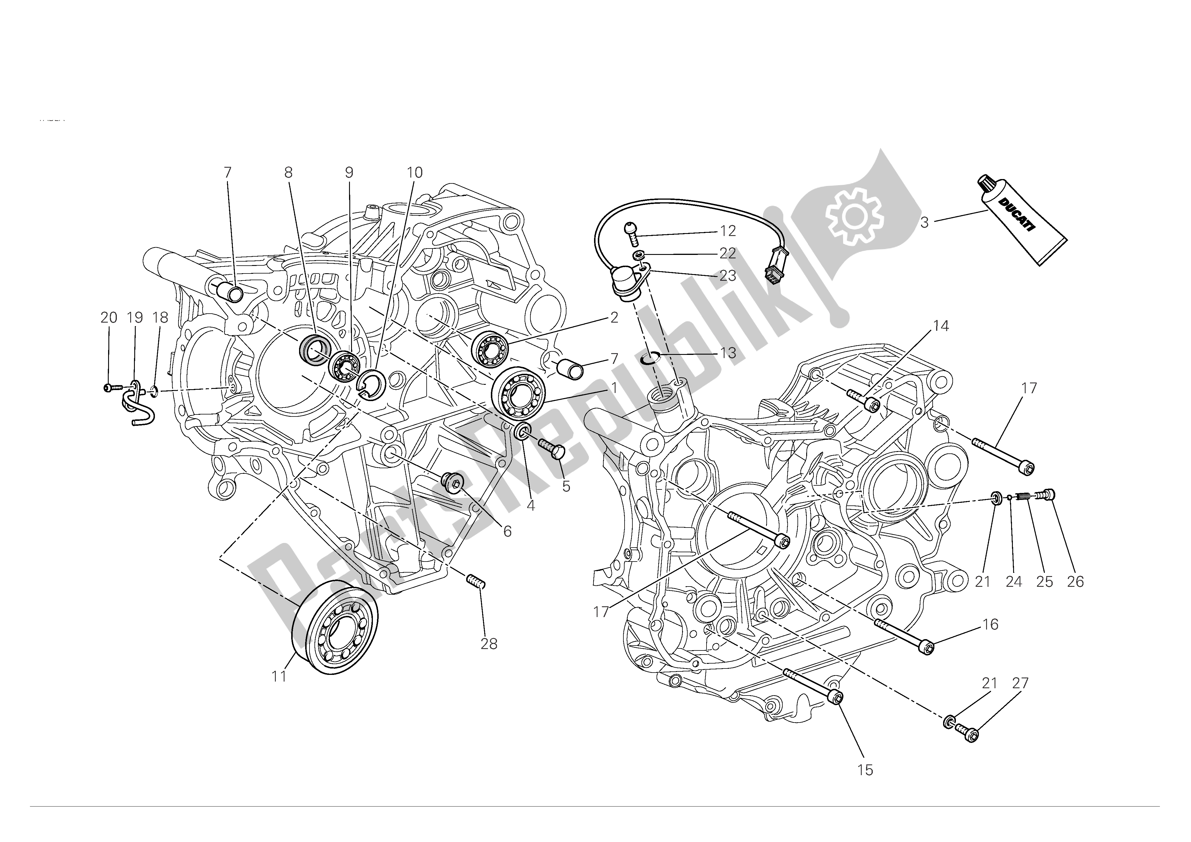 All parts for the Crankcase Halves of the Ducati 848 2008