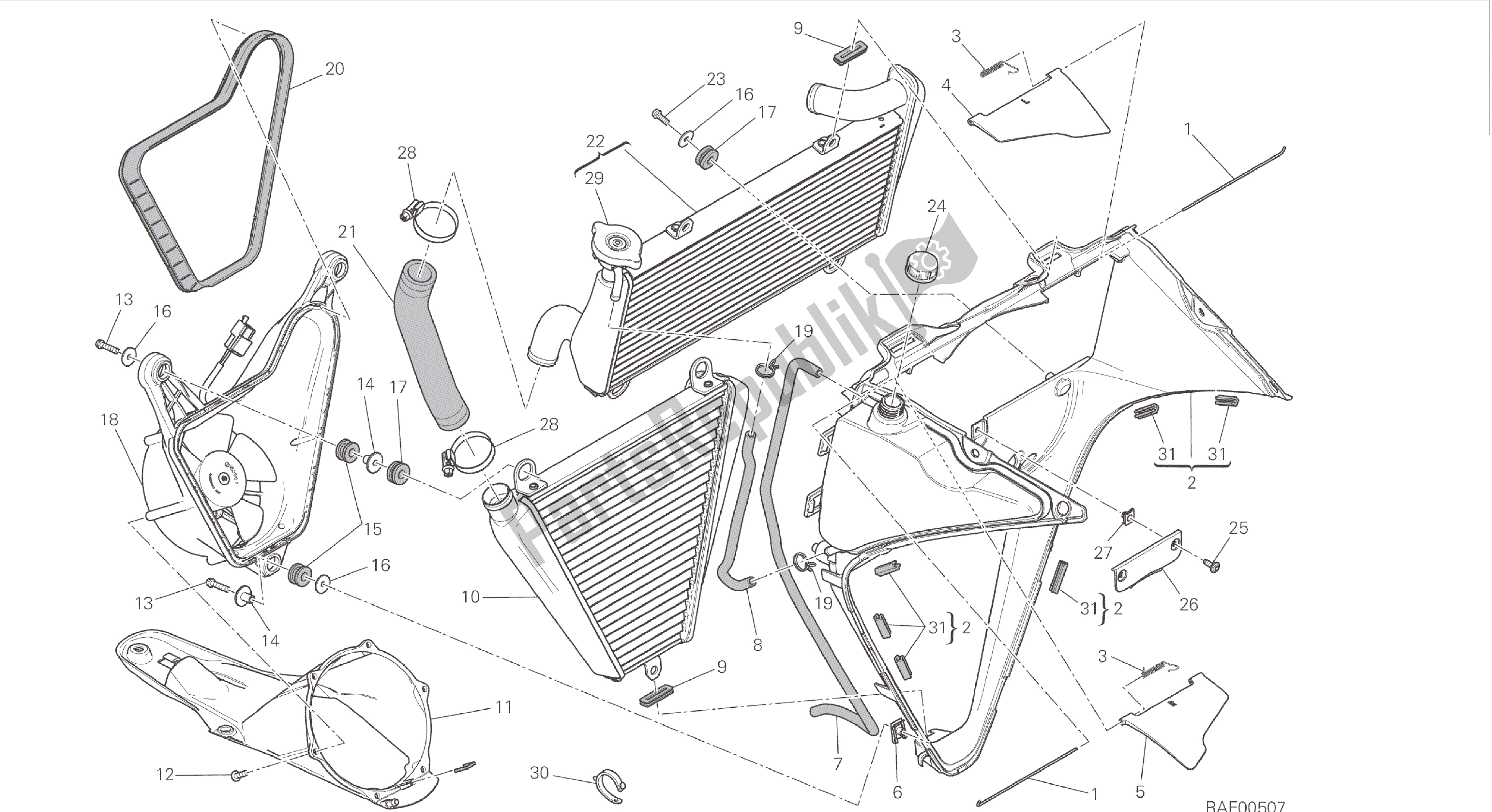 Alle onderdelen voor de Tekening 030 - Waterkoeler [mod: 899 Abs, 899 Aws] Groepsframe van de Ducati Panigale 899 2015