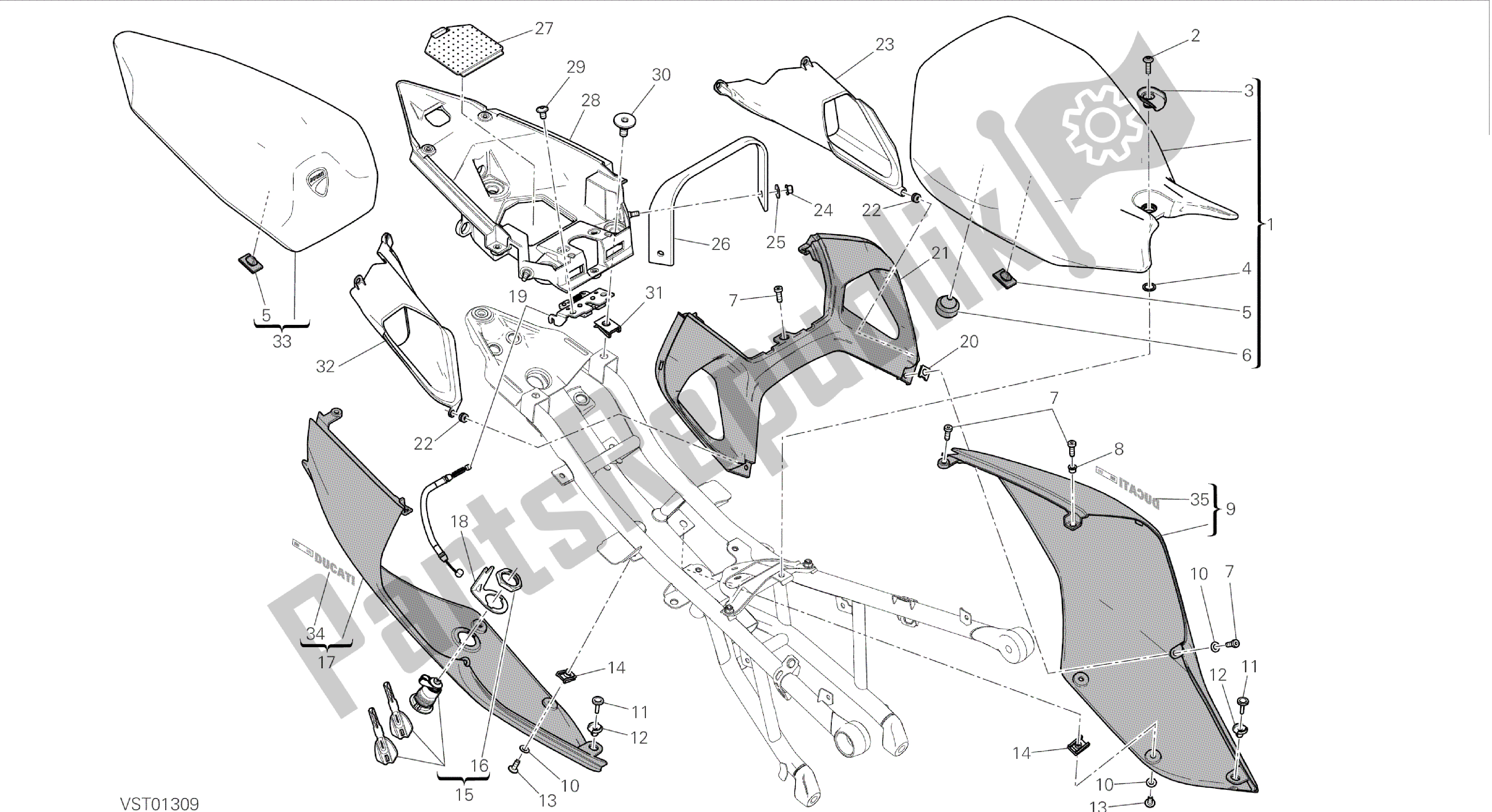 Alle onderdelen voor de Tekening 033 - Stoel [mod: 899 Abs, 899 Aws] Groepsframe van de Ducati Panigale 899 2015