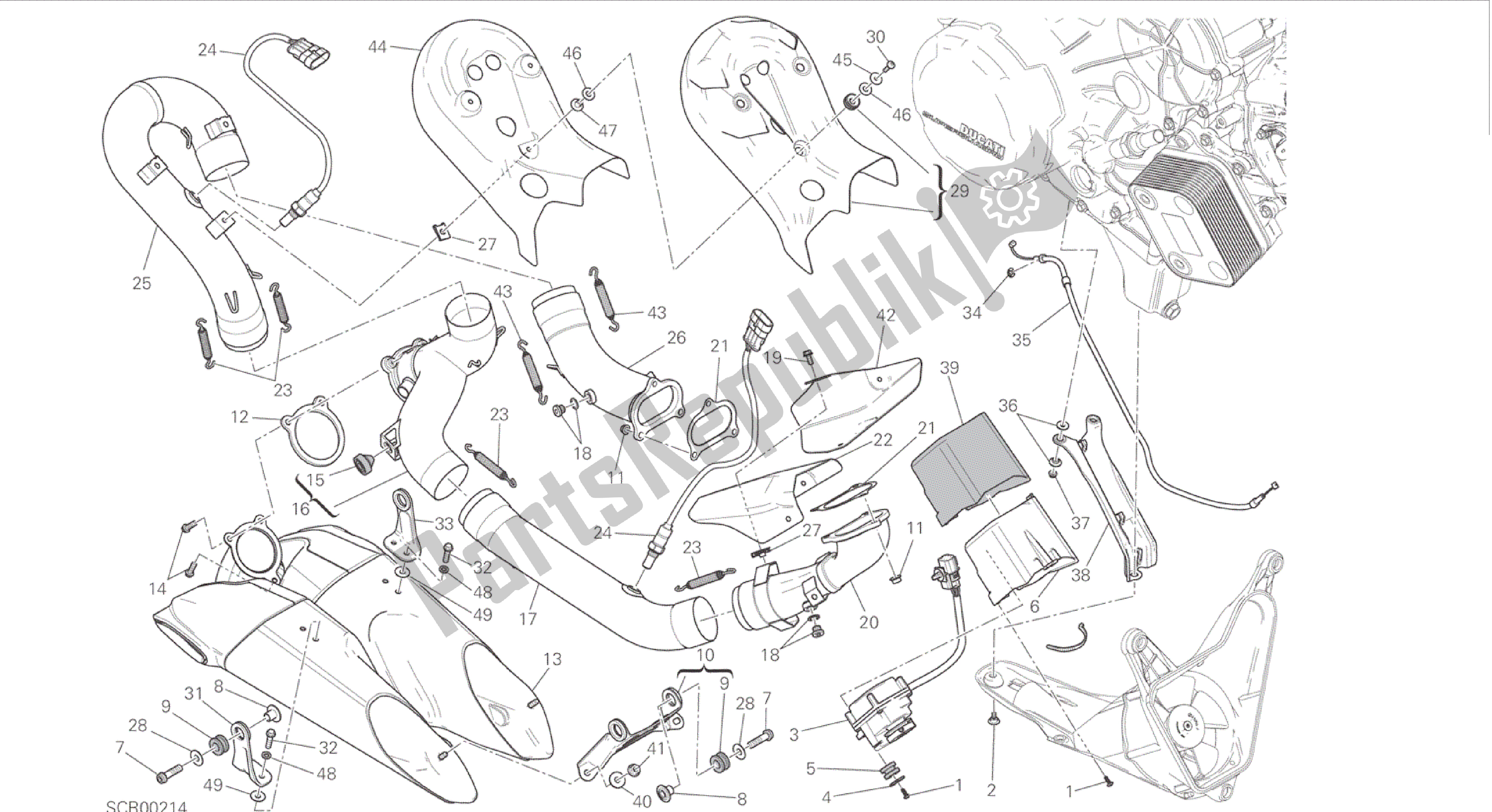 Todas las partes para Dibujo 019 - Gruppo Scarico [mod: 899 Abs, 899 Aws; Xst: Aus, Eur, Fra] Marco De Grupo de Ducati Panigale 899 2015