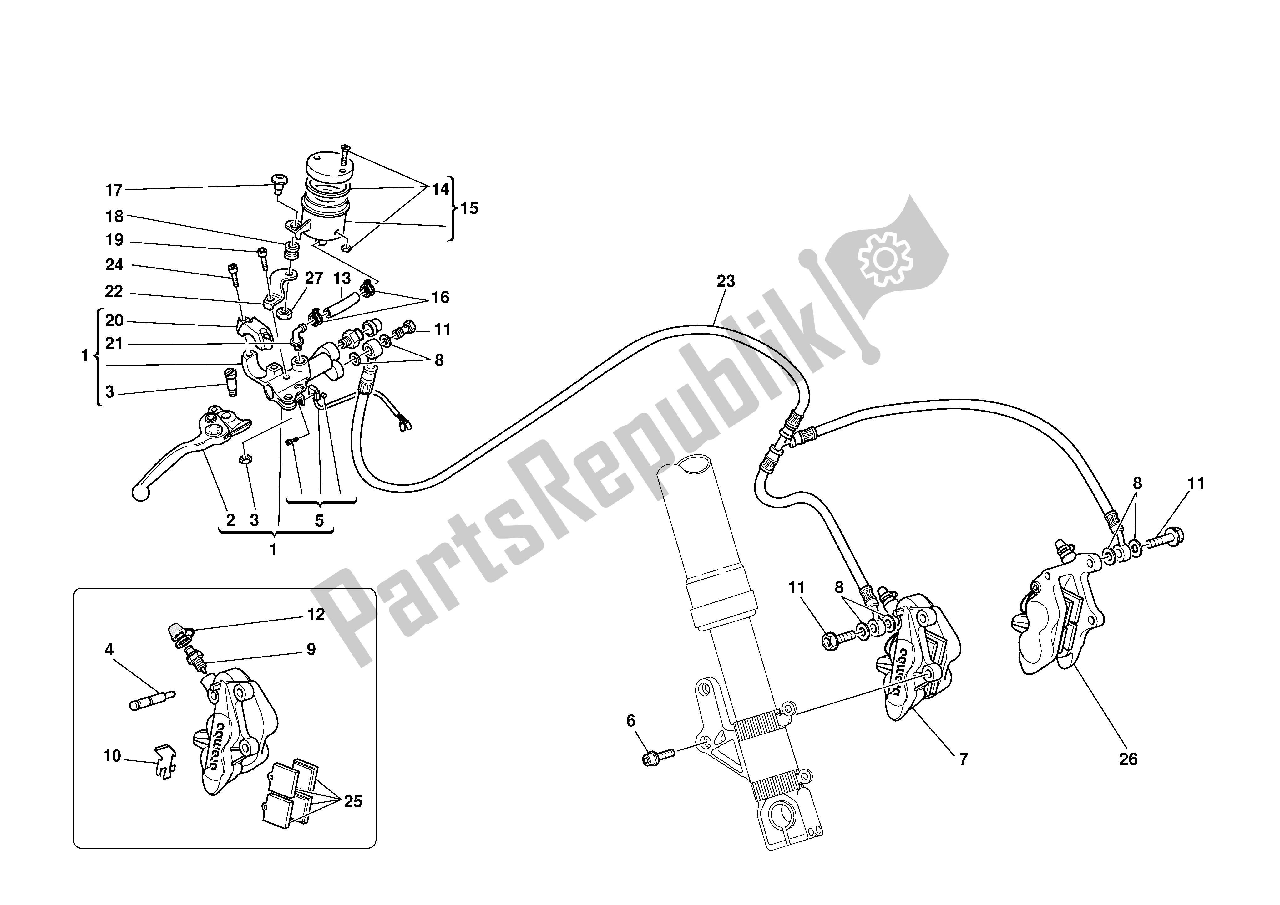 Alle onderdelen voor de Hydraulische Rem Vooraan van de Ducati 996R 2001