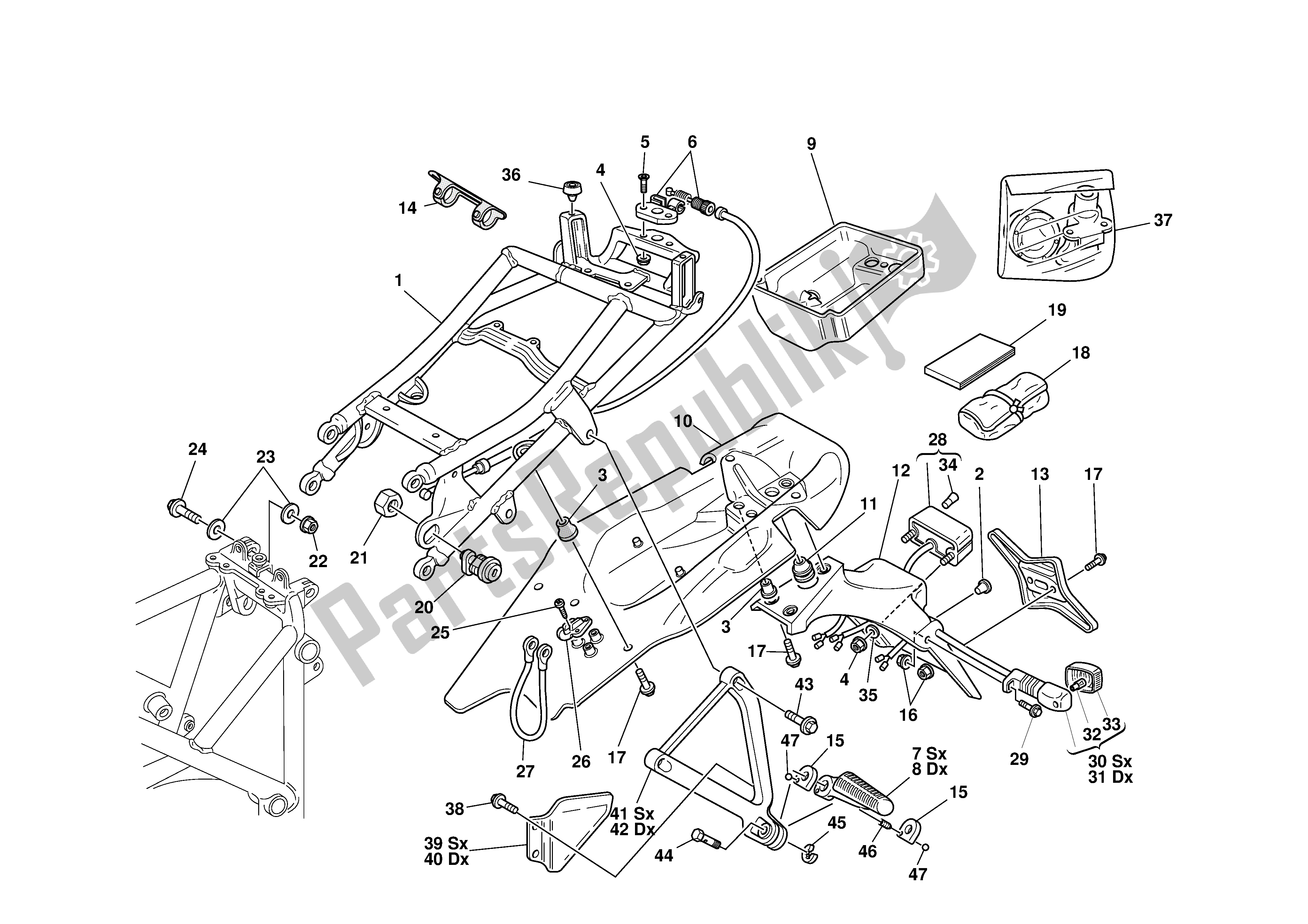 Alle onderdelen voor de Achterste Frame-achterste Voetsteunen van de Ducati 996S Biposto 2001