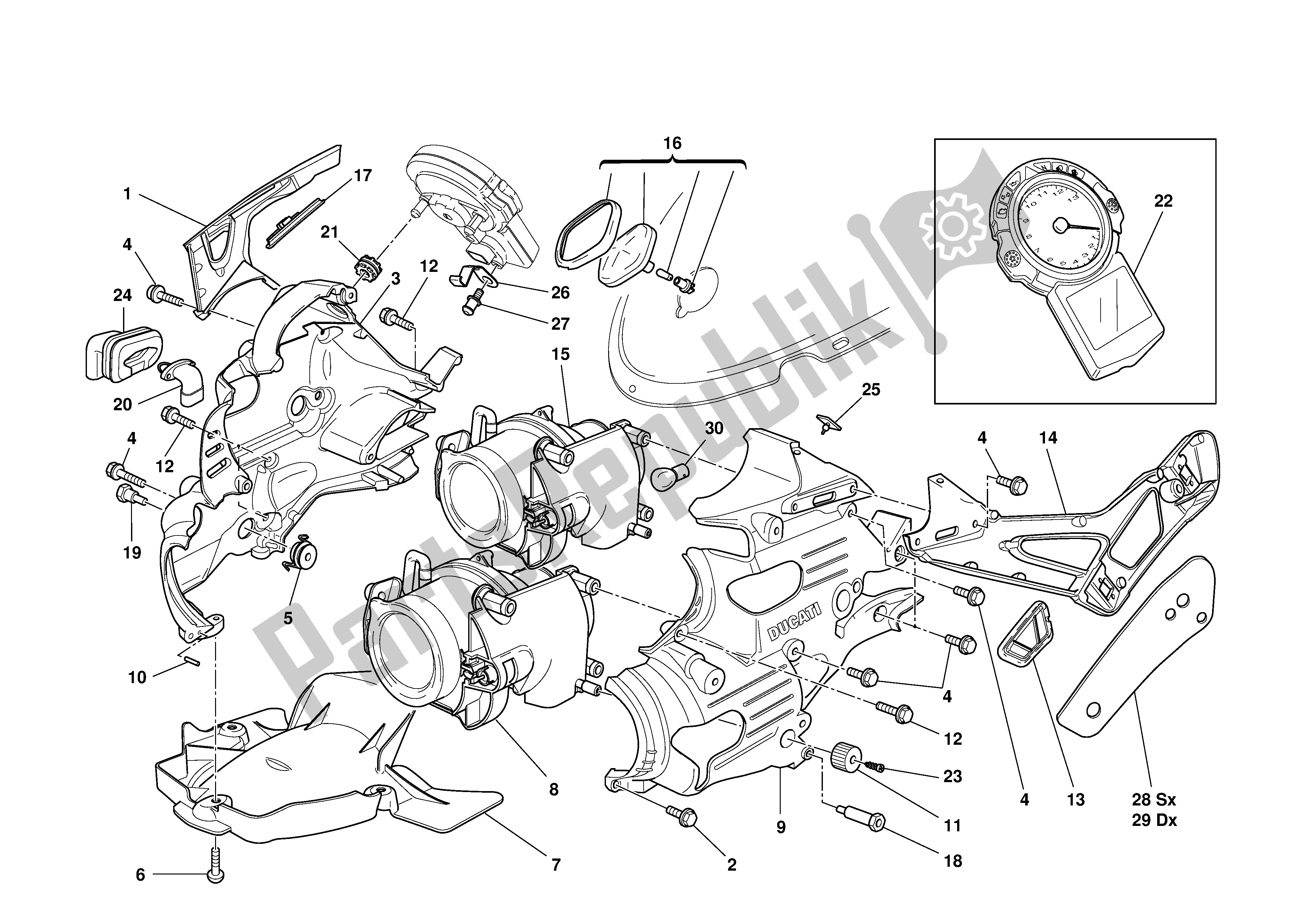 Alle onderdelen voor de Koplamp En Instrumentenpaneel van de Ducati 999 2003