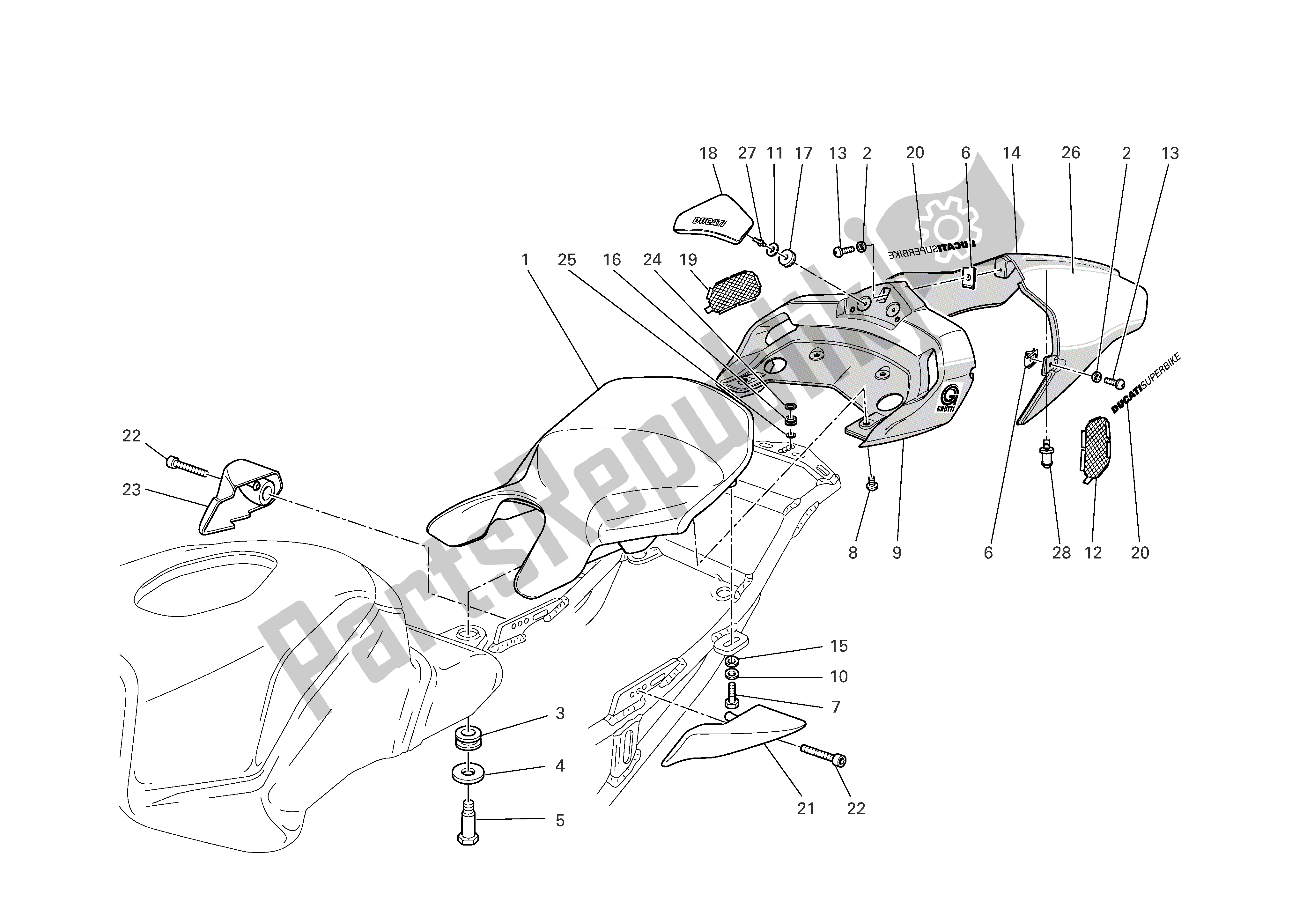 Alle onderdelen voor de Stoel van de Ducati 999 R Xerox 2006