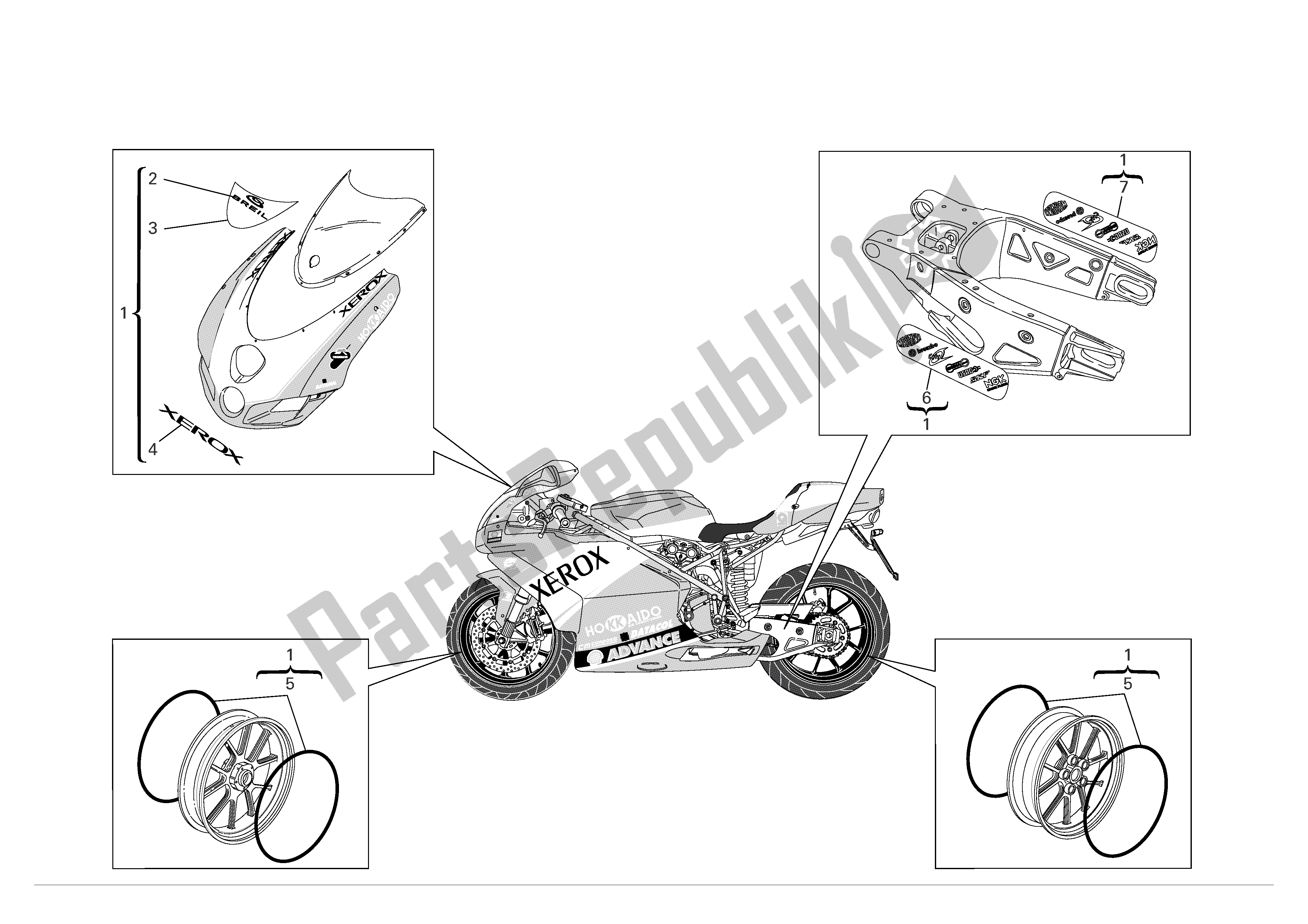 Tutte le parti per il Kit Adesivi del Ducati 999 R Xerox 2006