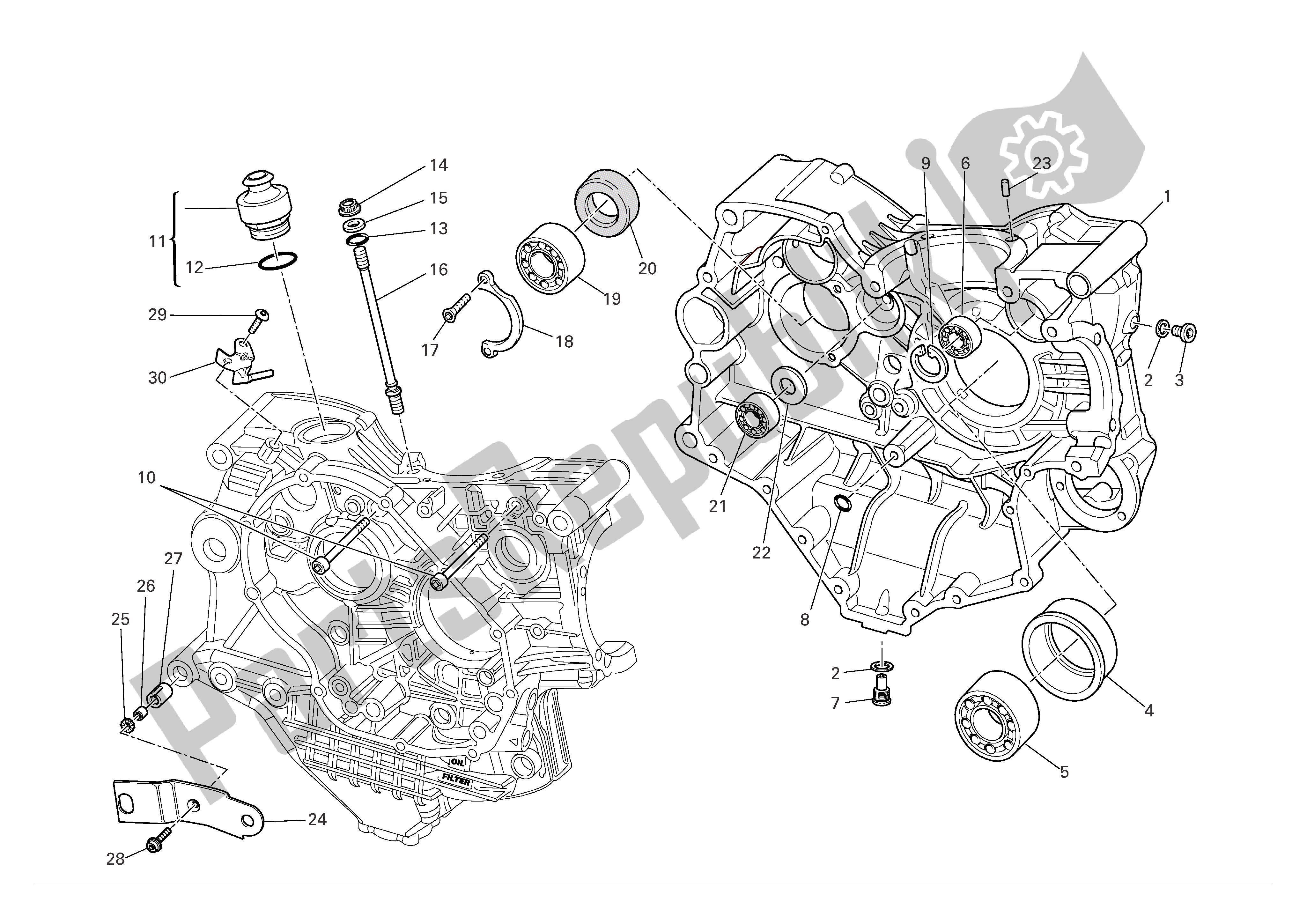 Alle onderdelen voor de Carterhelften van de Ducati 999 R Xerox 2006