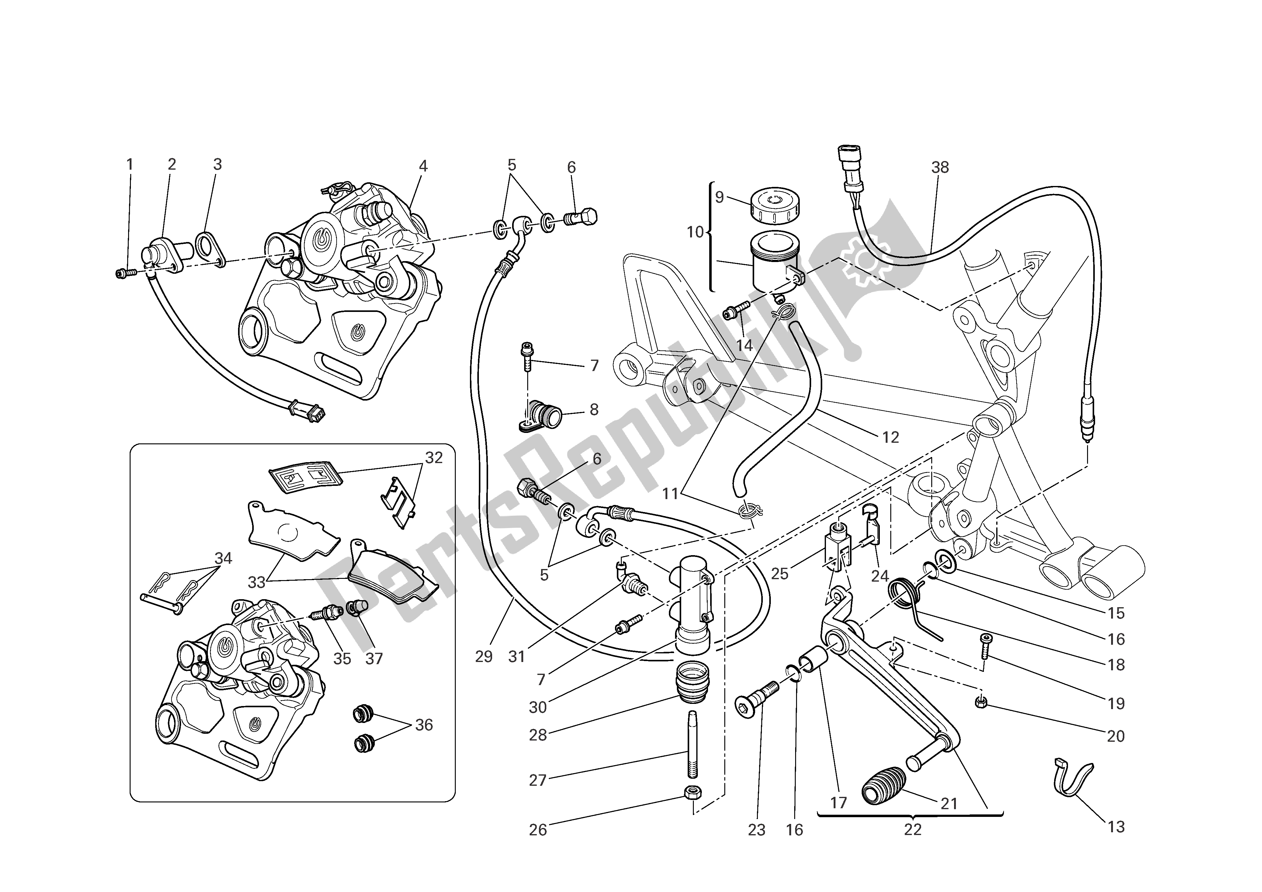 Alle onderdelen voor de Achter Hydraulische Rem van de Ducati Sportclassic Sport Biposto 1000 2007