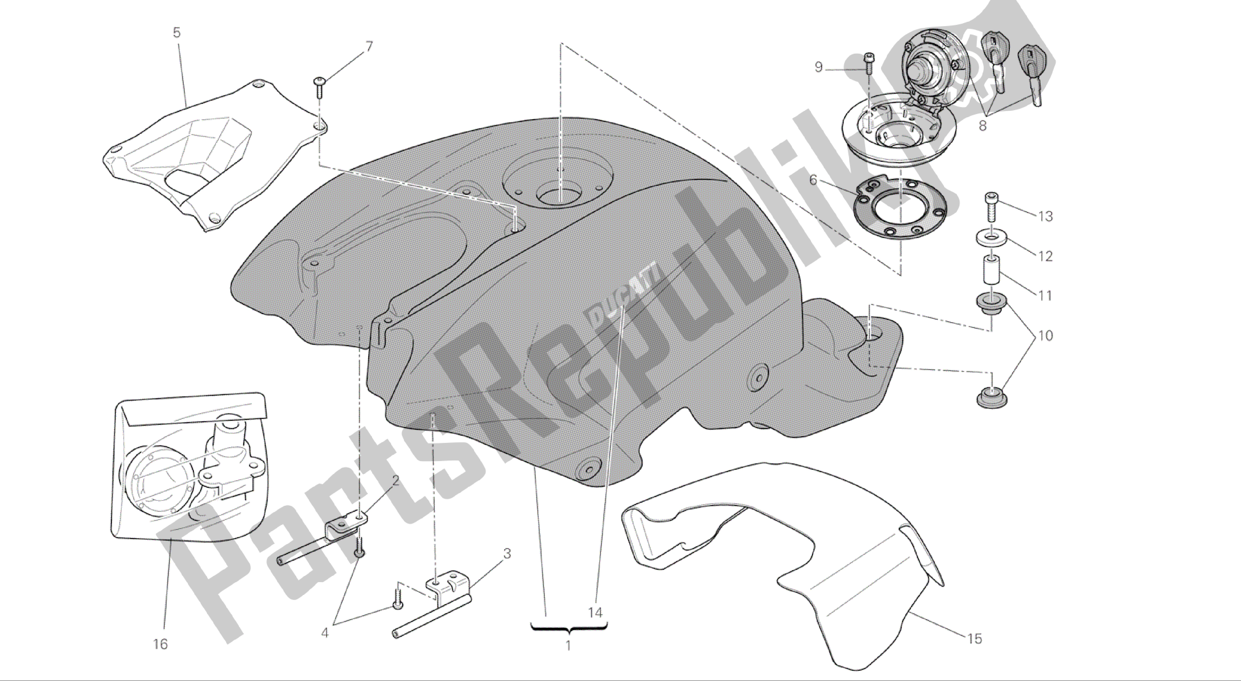 Alle onderdelen voor de Tekening 032 - Brandstoftank [mod: F848; Xst: Aus, Eur, Fra, Jap] Groepsframe van de Ducati Streetfighter 848 2015