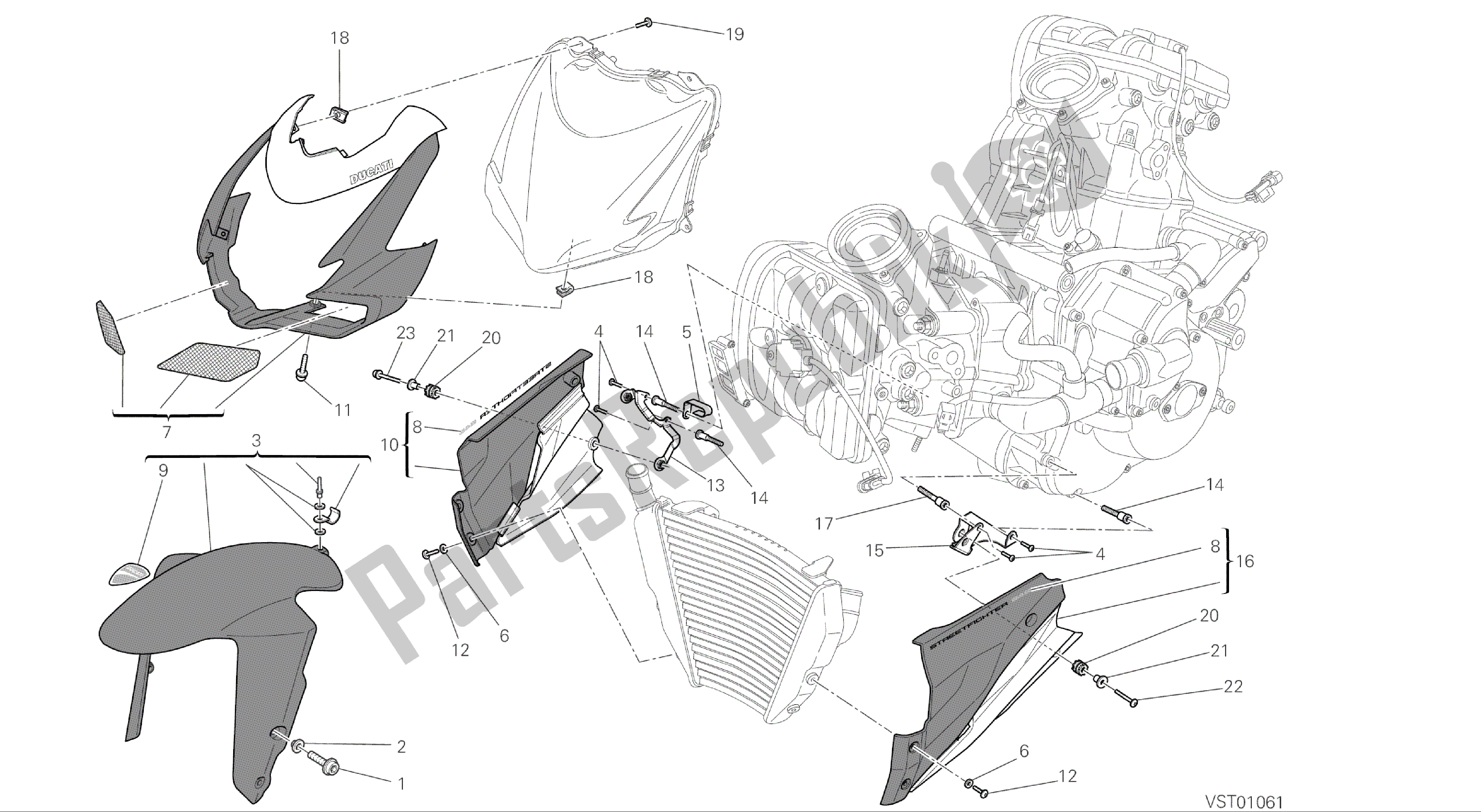 Alle onderdelen voor de Tekening 034 - Kuip [mod: F848] Groepsframe van de Ducati Streetfighter 848 2015