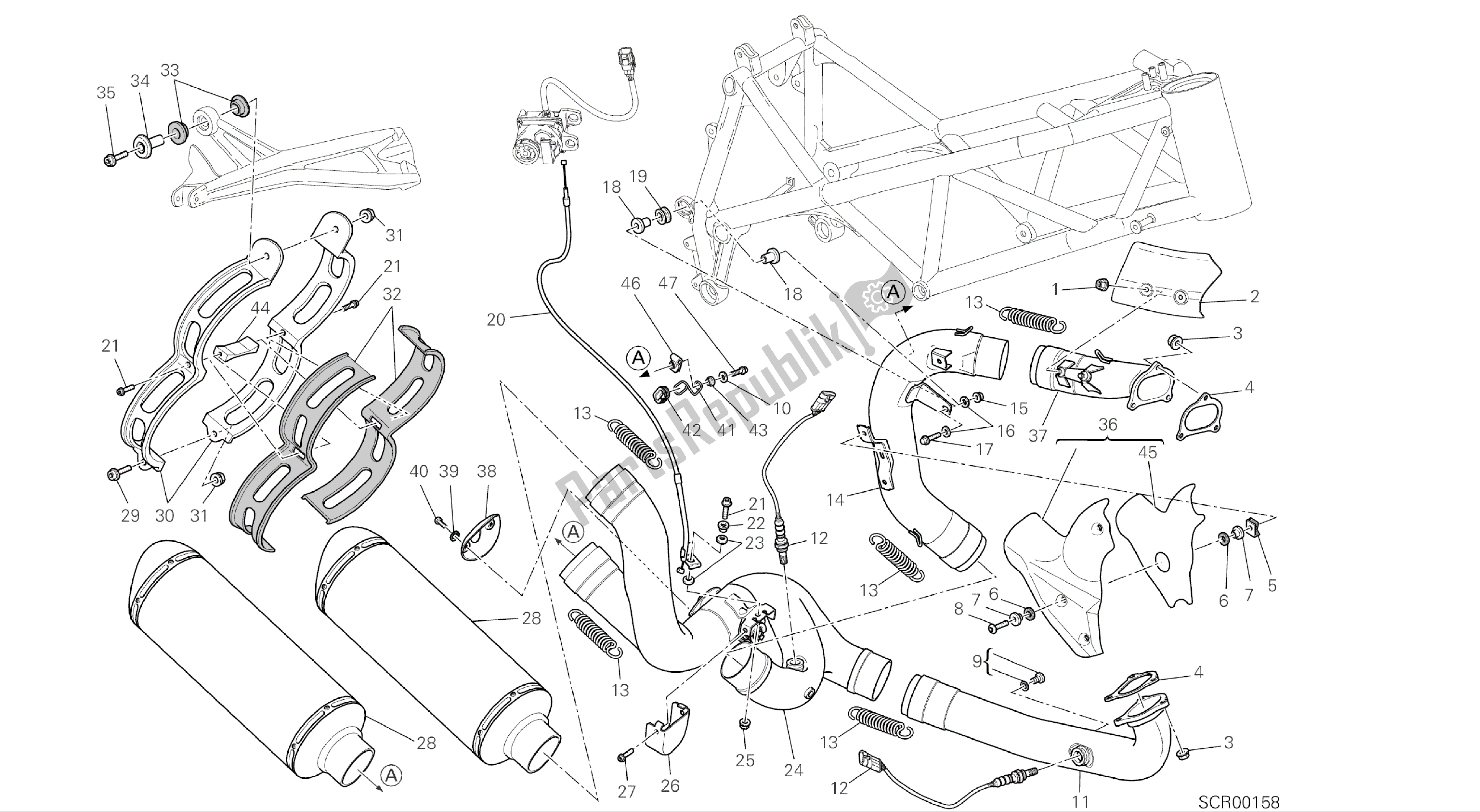 Alle onderdelen voor de Tekening 019 - Uitlaatsysteem [mod: F848] Groepsframe van de Ducati Streetfighter 848 2015