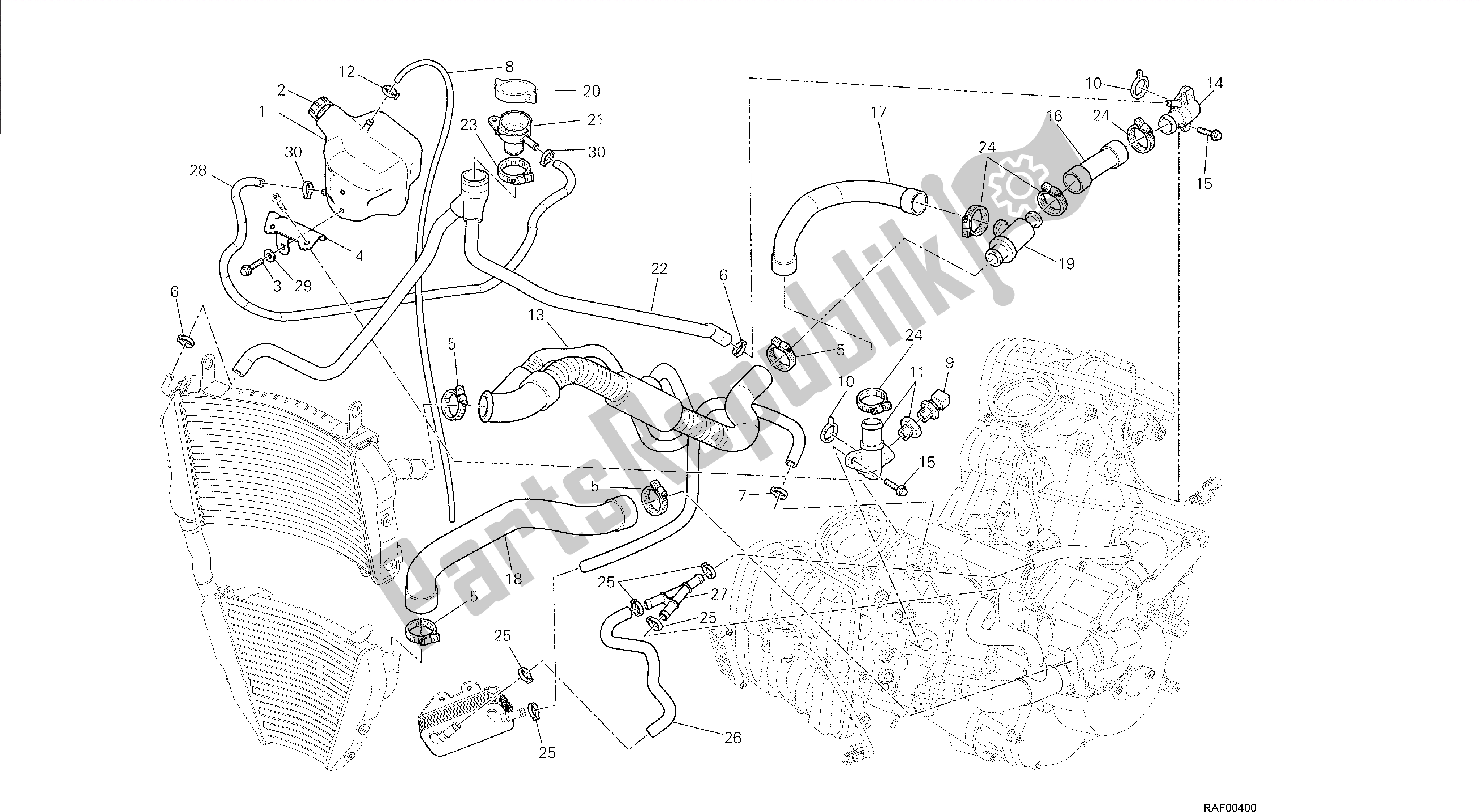 All parts for the Drawing 031 - Cooling Circuit [mod:f848;xst:aus,bra,chn,eur,fra,jap,tha]group Frame of the Ducati Streetfighter 848 2014