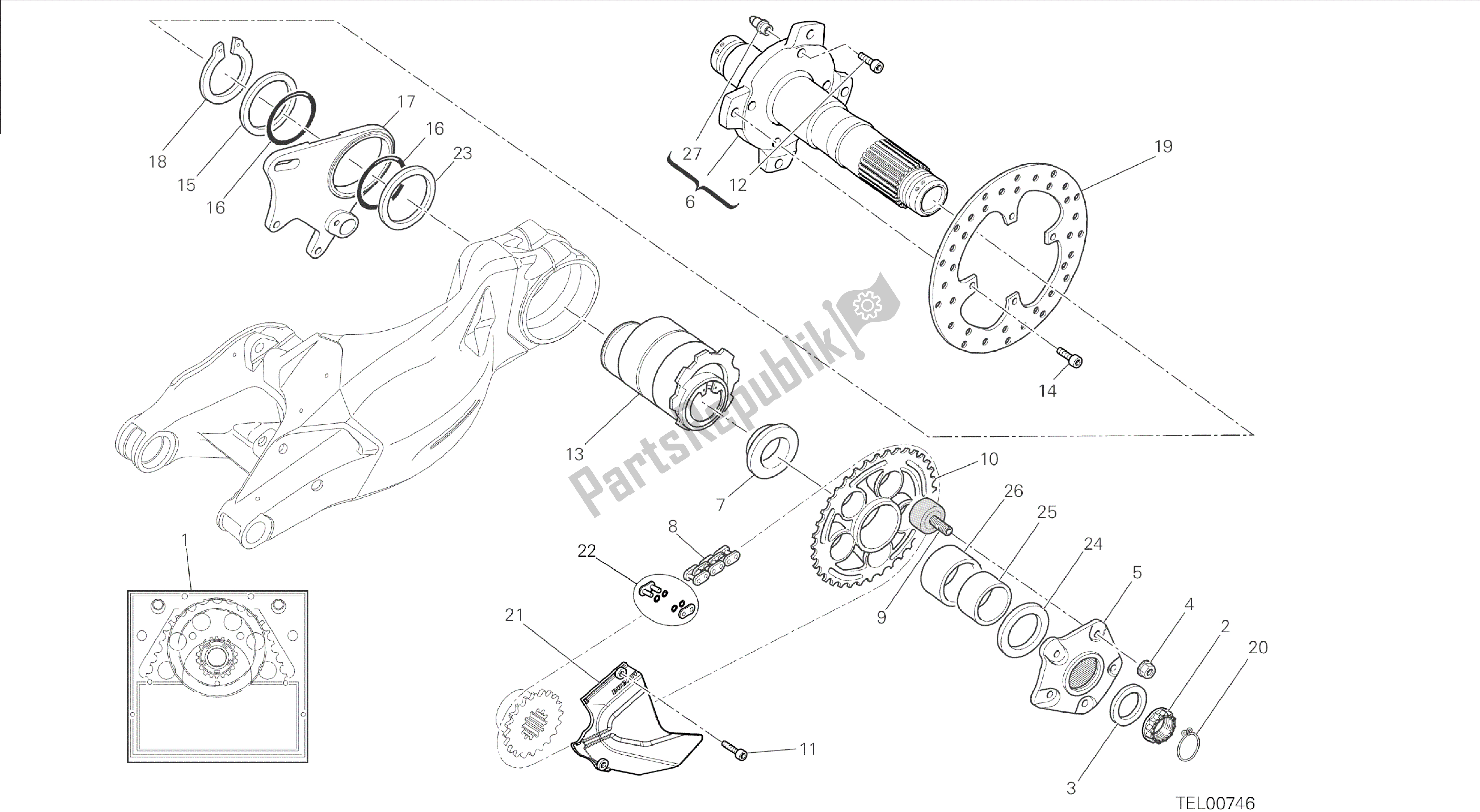 Todas as partes de Desenho 26a - Eixo Da Roda Traseira [mod: F848; Xst: Aus, Bra, Chn, Eur, Fra, Jap, Tha] Quadro De Grupo do Ducati Streetfighter 848 2014