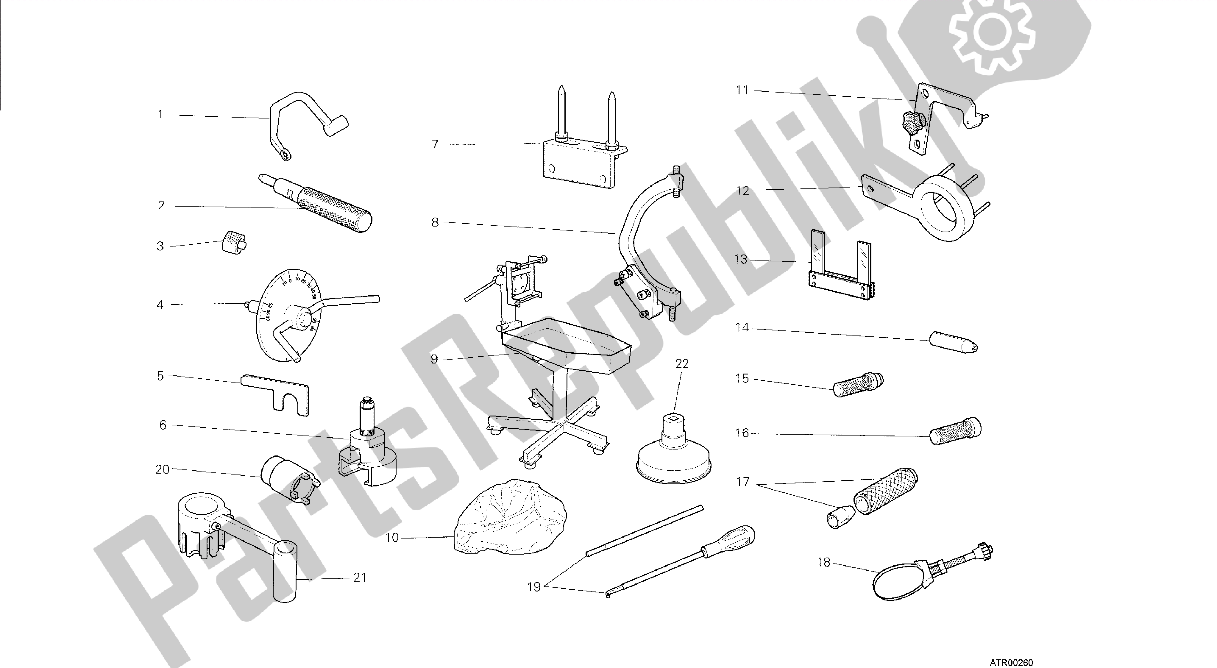 Todas las partes para Dibujo 001 - Herramientas De Servicio De Taller [mod: F848; Xst: Aus, Bra, Chn, Eur, Fra, Jap, Tha] Herramientas De Grupo de Ducati Streetfighter 848 2014