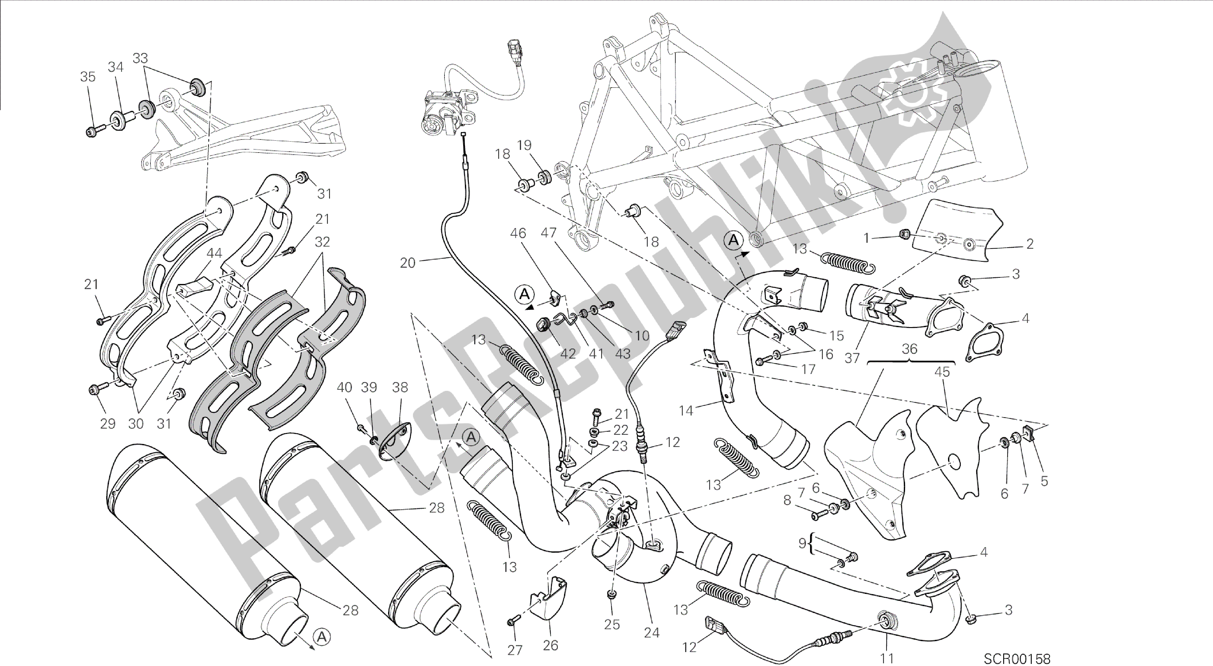 Todas las partes para Dibujo 019 - Sistema De Escape [mod: F848; Xst: Marco De Grupo Aus, Bra, Chn, Eur, Fra, Jap, Tha] de Ducati Streetfighter 848 2014