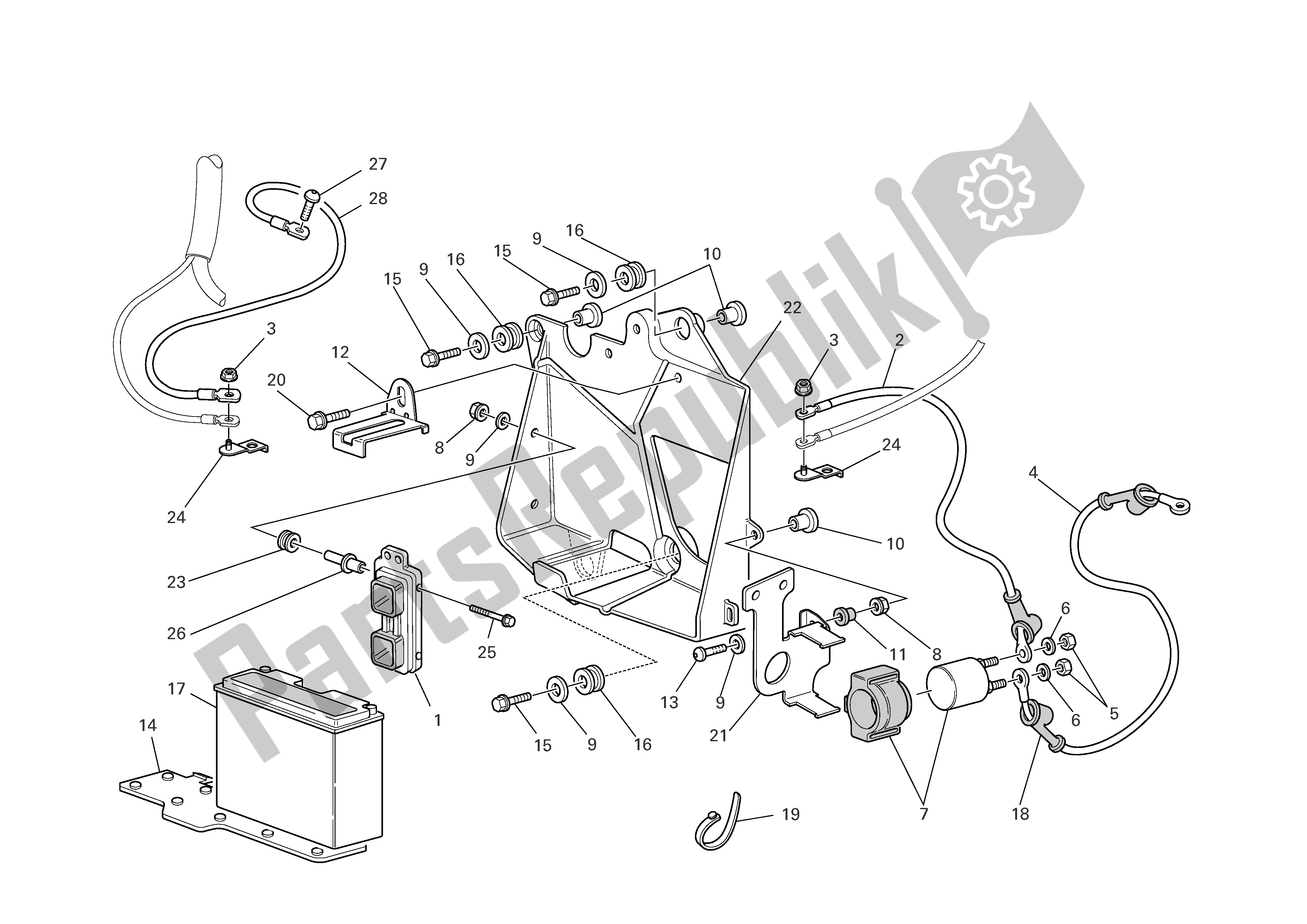 Alle onderdelen voor de Accubakbevestiging van de Ducati Sporttouring 3 1000 2004