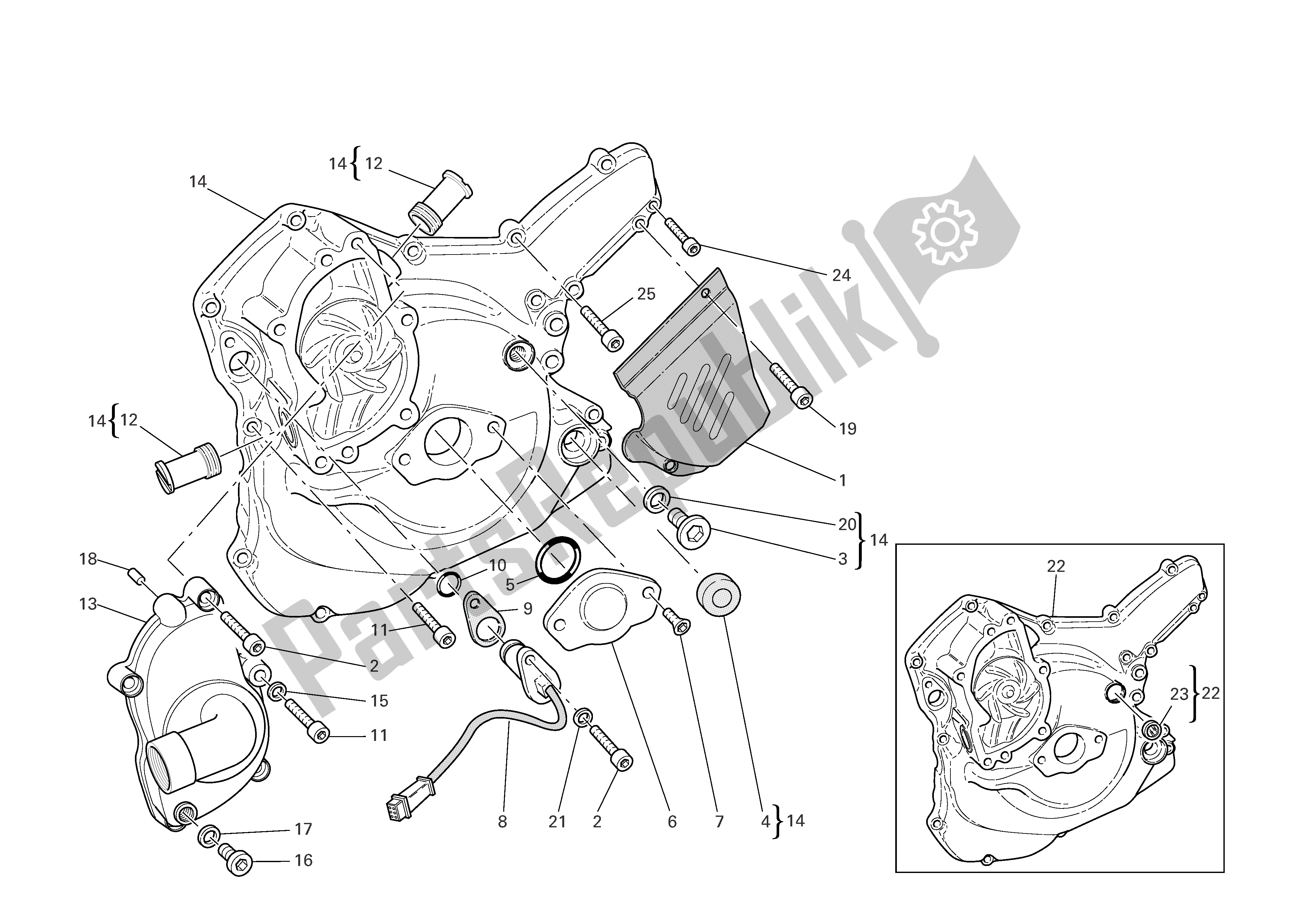 Alle onderdelen voor de Waterpomp -alternator Deksel van de Ducati Sporttouring 3 1000 2004