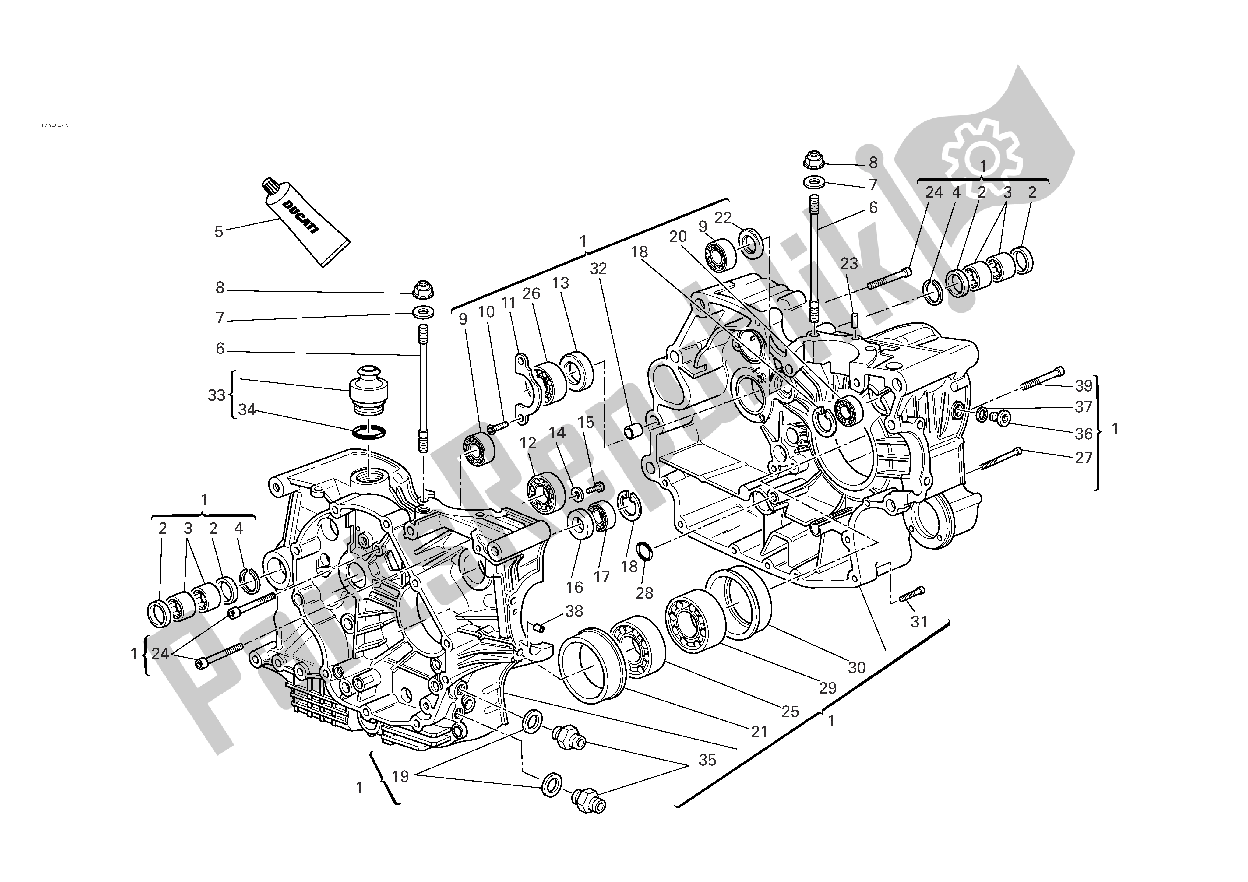 All parts for the Half Crankcases of the Ducati Sporttouring 3 1000 2004 - 2007