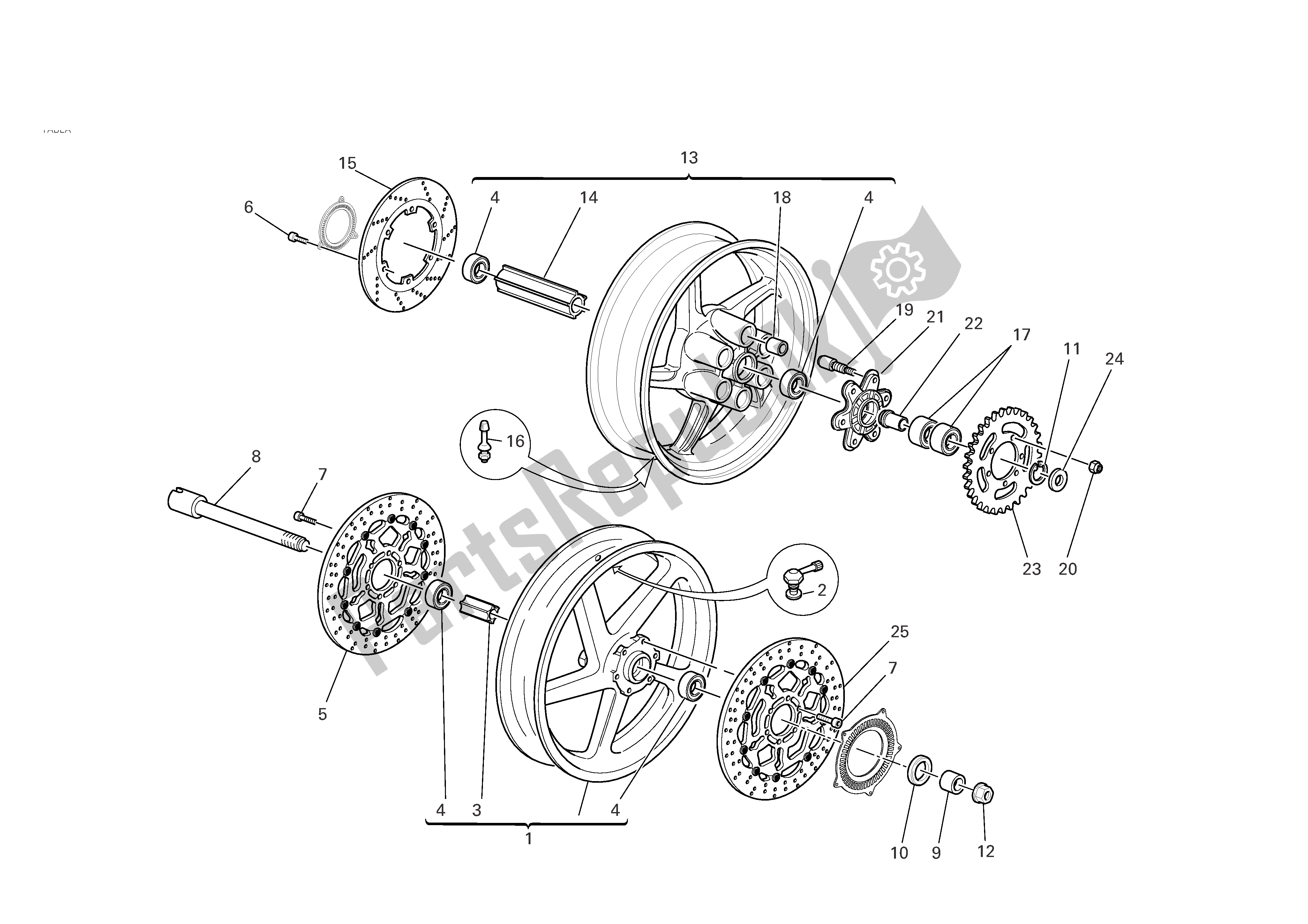 Alle onderdelen voor de Voor- En Achterwielen van de Ducati Sporttouring 3 S ABS 1000 2006