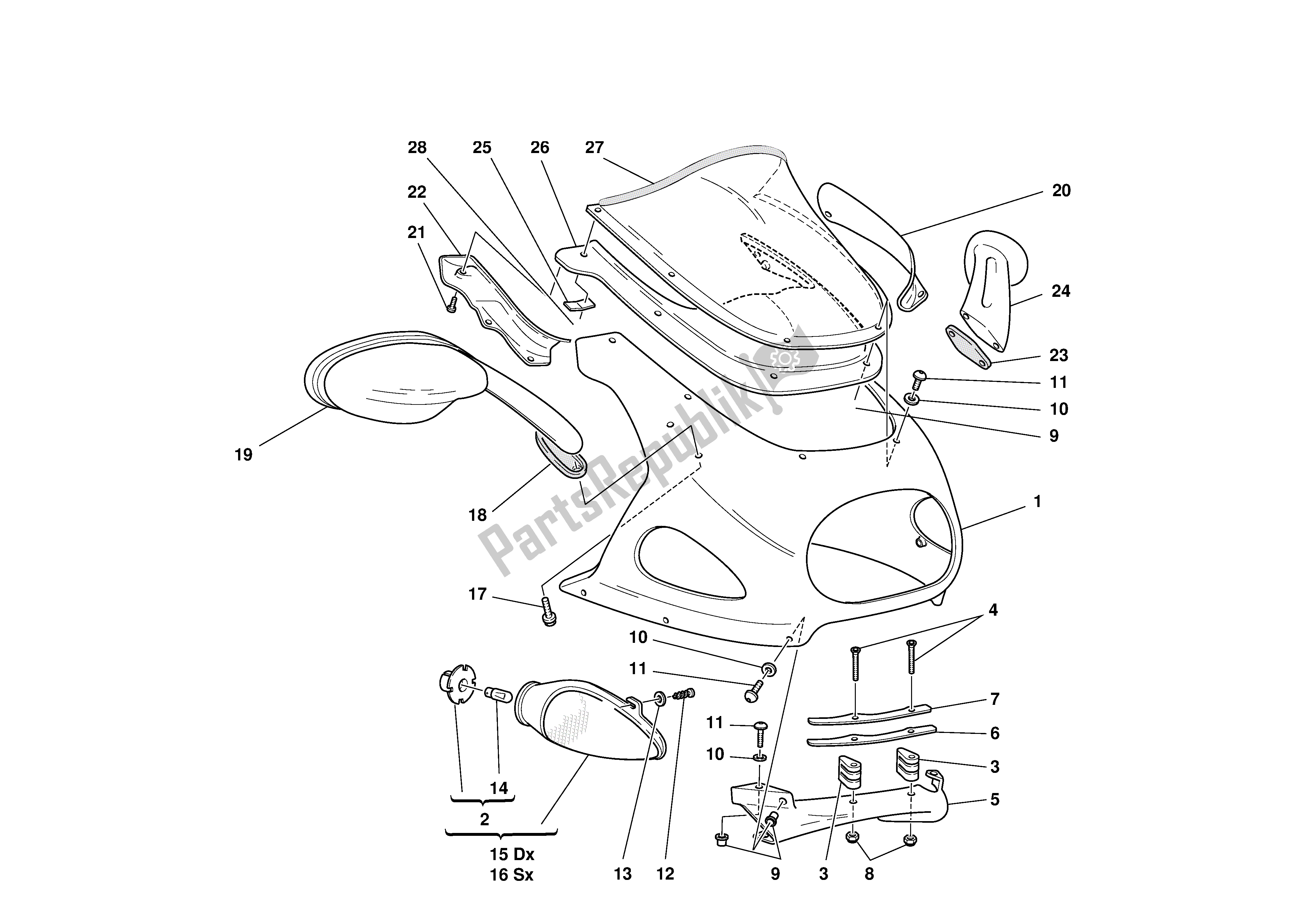 Alle onderdelen voor de Koplamp Kuip van de Ducati Sporttouring 4 916 2001