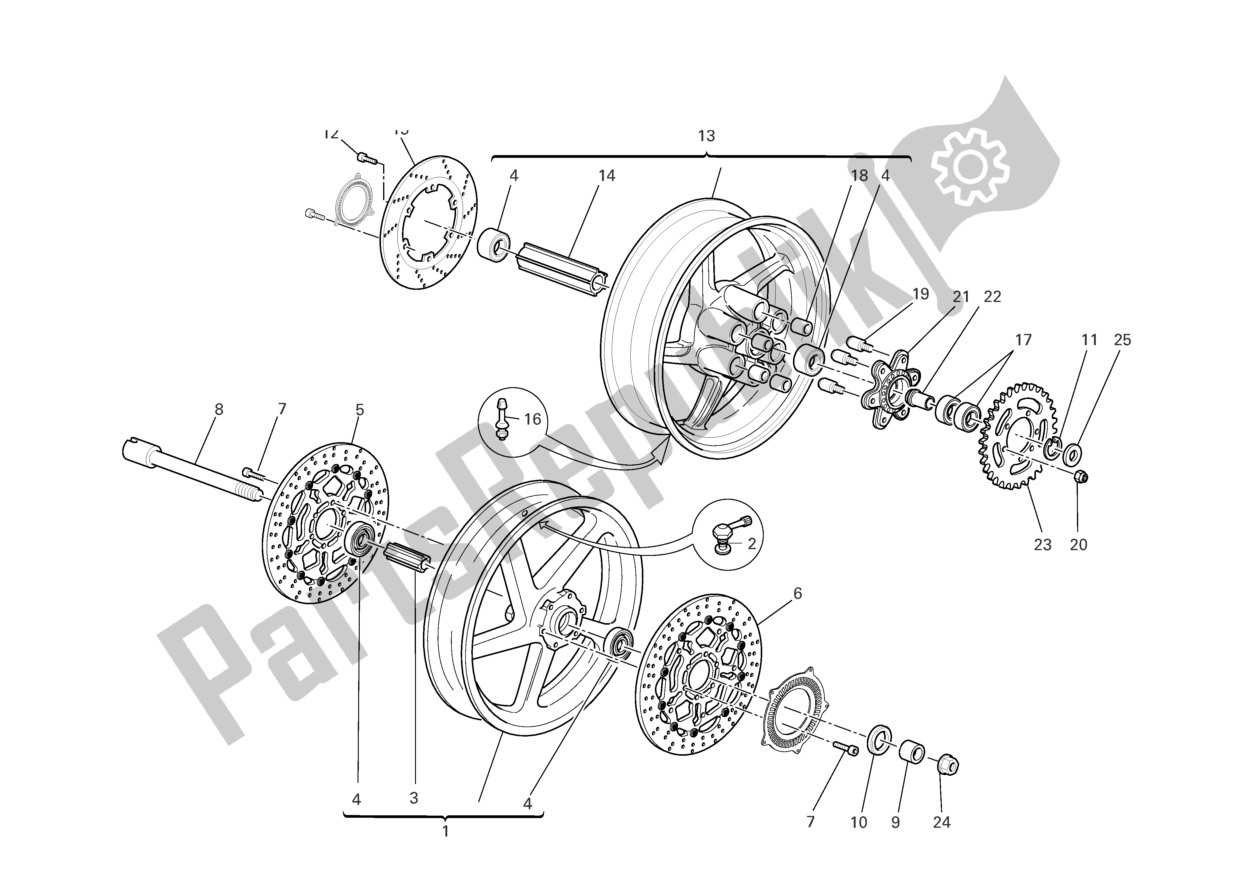 Alle onderdelen voor de Voor- En Achterwielen van de Ducati Sporttouring 4 S ABS 996 2005