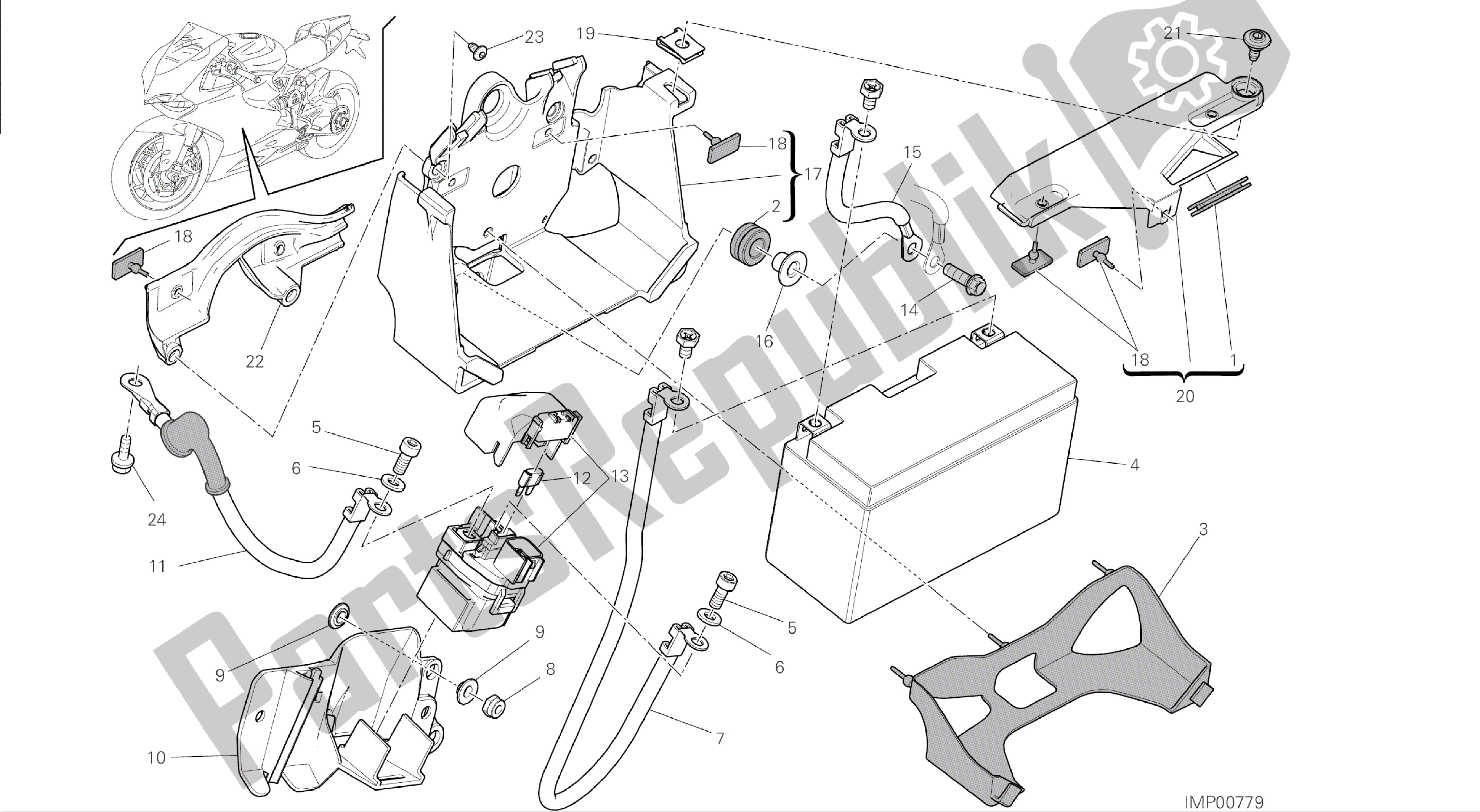 Alle onderdelen voor de Tekening 18a - Batterijhouder [mod: 1199 Abs; Xst: Aus, Bra, Chn, Eur, Fra, Jap] Group Electric van de Ducati Panigale ABS 1199 2014