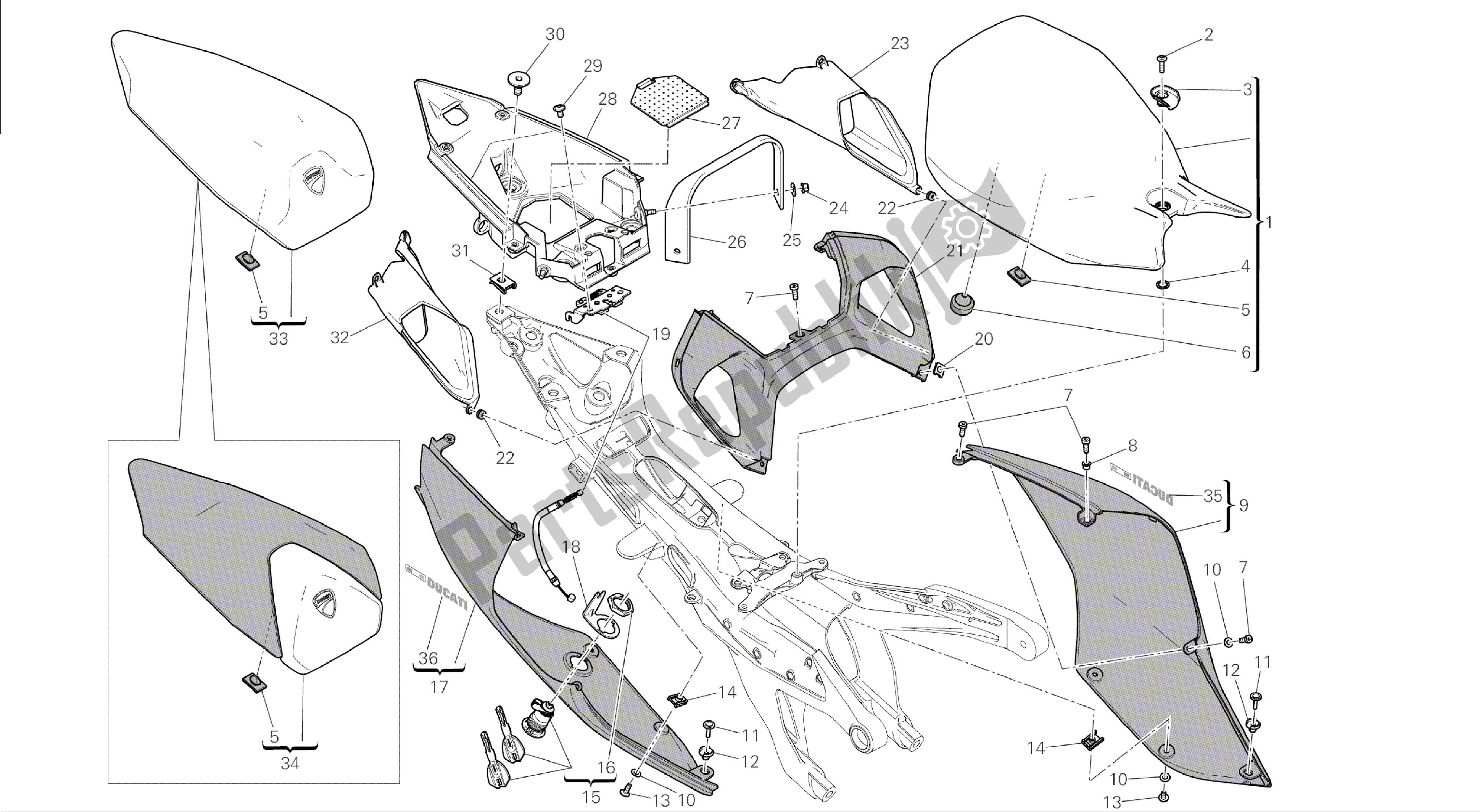 Alle onderdelen voor de Tekening 033 - Stoel [mod: 1199 Abs; Xst: Aus, Bra, Chn, Eur, Fra, Jap] Groepsframe van de Ducati Panigale ABS 1199 2014