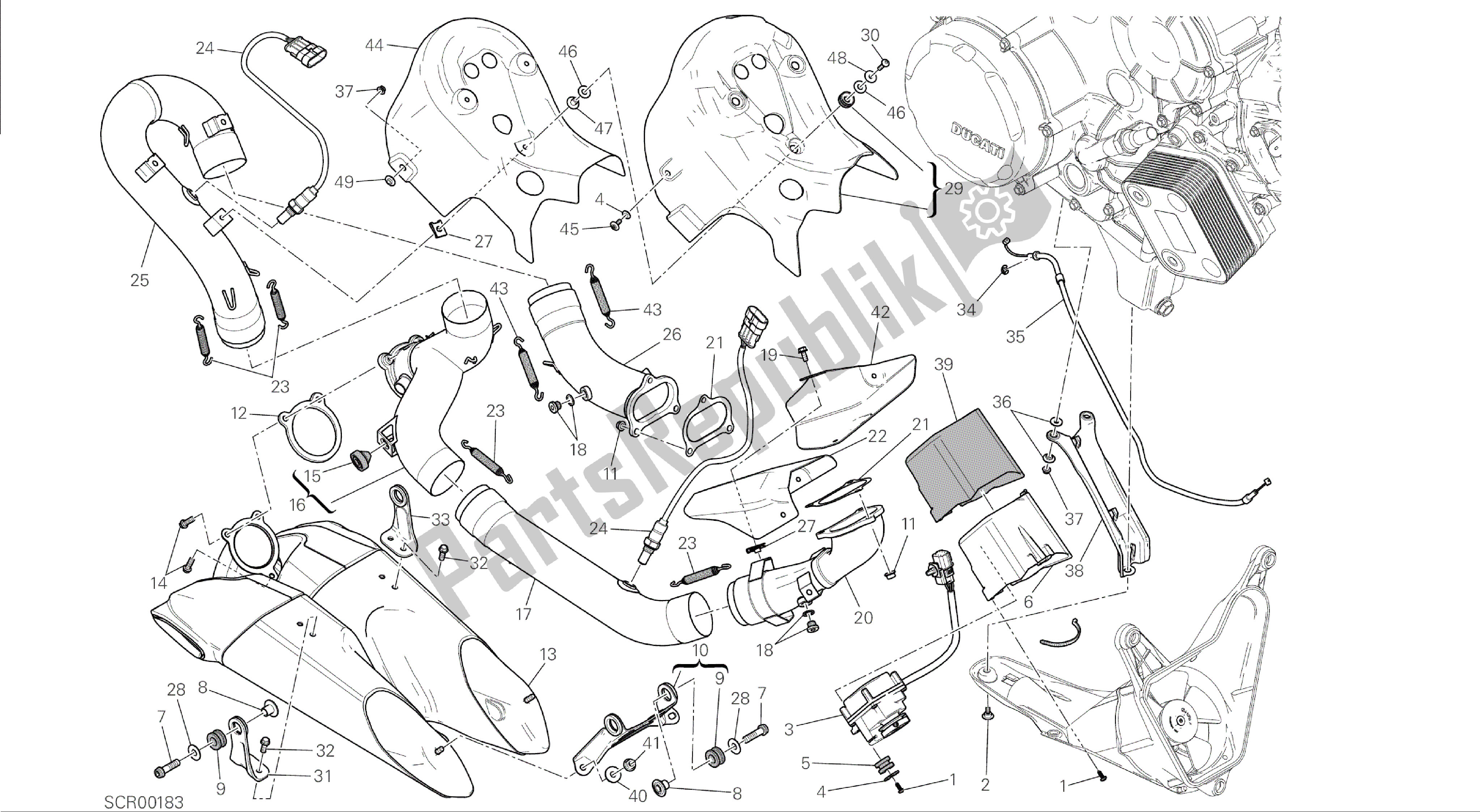 Todas las partes para Dibujo 019 - Gruppo Scarico [mod: 1199 Abs; Xst: Aus, Bra, Chn, Eur, Fra] Marco De Grupo de Ducati Panigale ABS 1199 2014