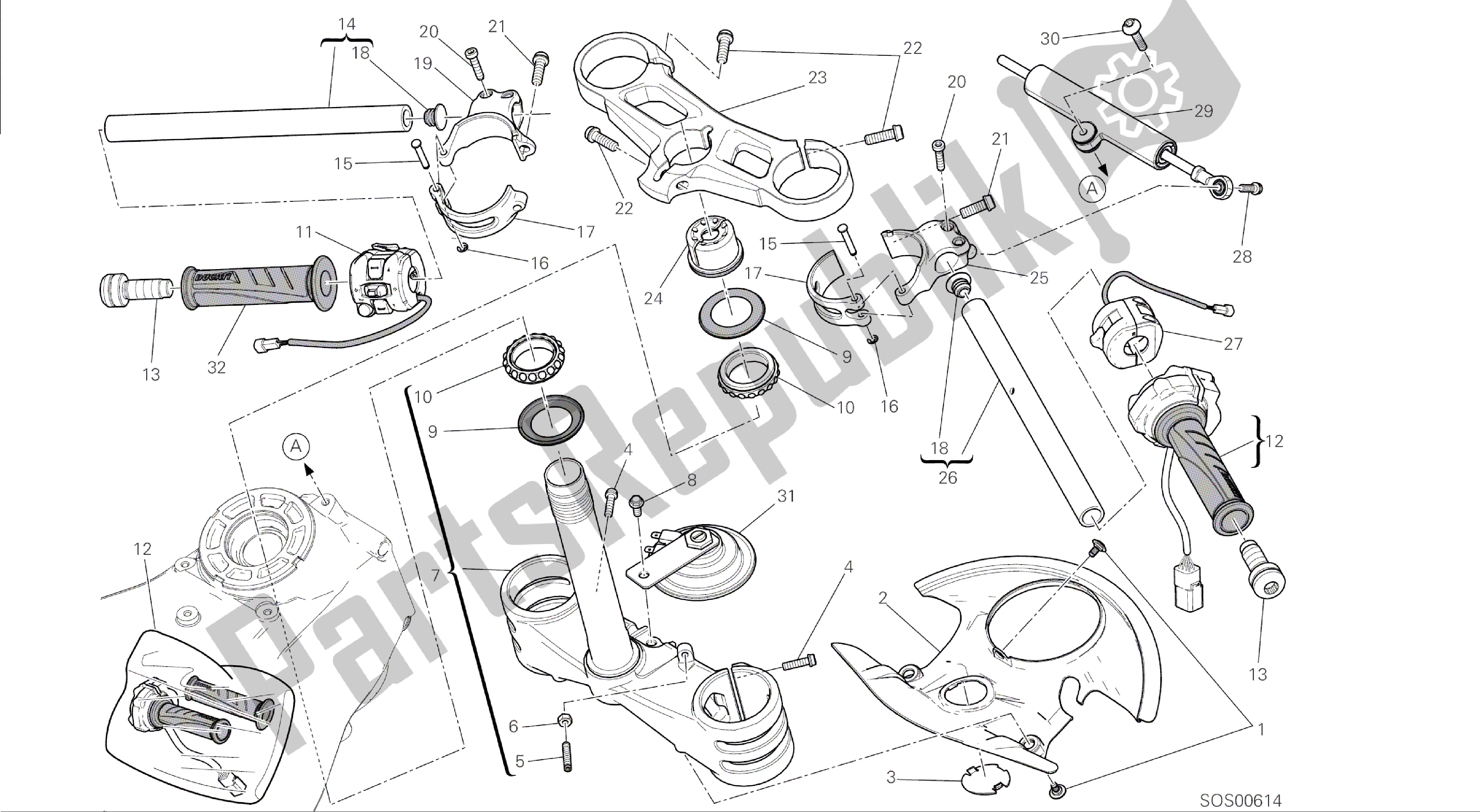 Todas las partes para Dibujo 021 - Semimanubri - Ammortizzatore Di Sterzo [mod: 1199abs; Xst: Aus, Bra, Chn, Eur, Fra, Jap] Marco De Grupo de Ducati Panigale ABS 1199 2014