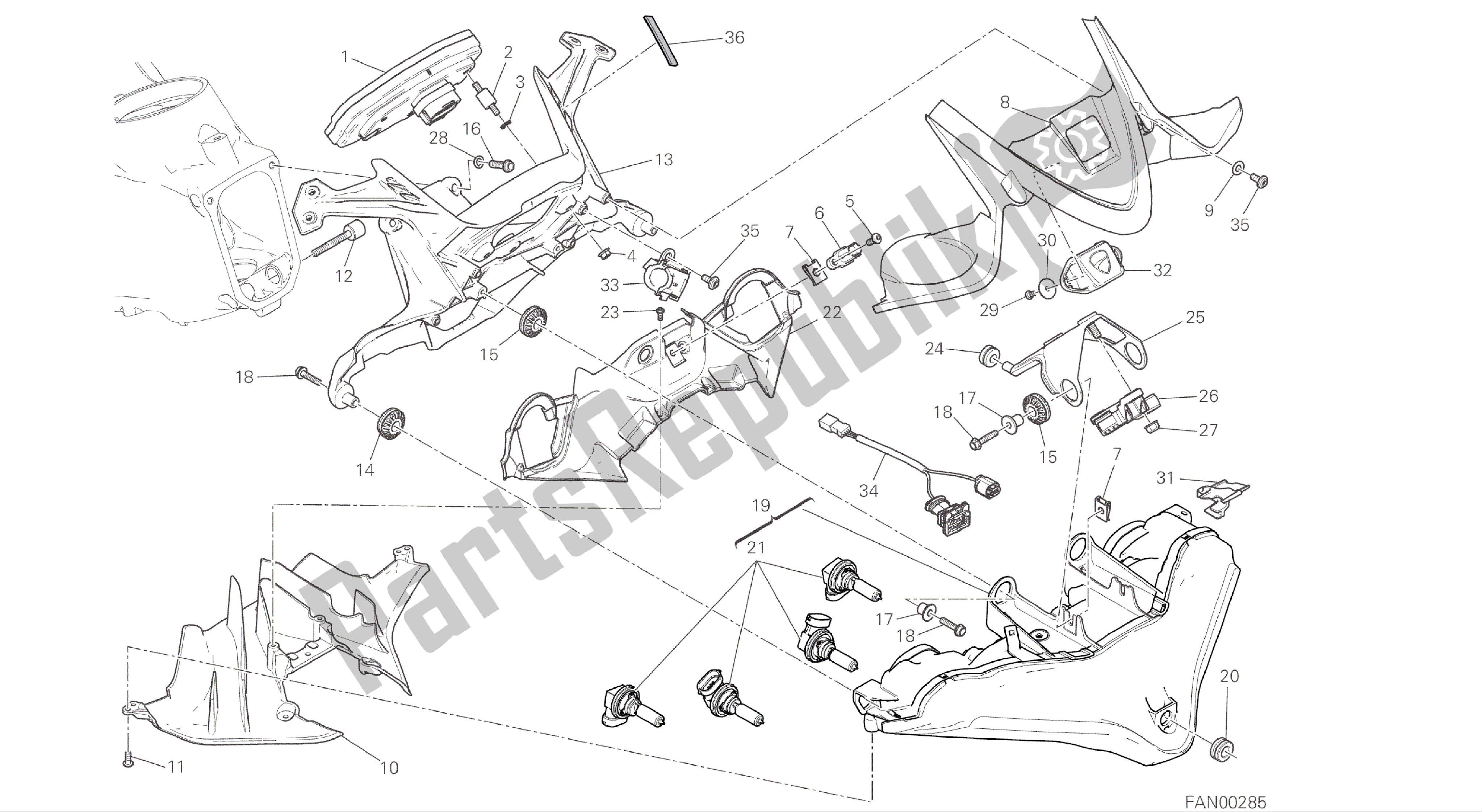 Alle onderdelen voor de Tekening 020 - Fanale Anteriore E Cruscotto [mod: 1299; Xst: Aus, Eur, Fra, Jap, Twn] Groepsframe van de Ducati Panigale ABS 1299 2016