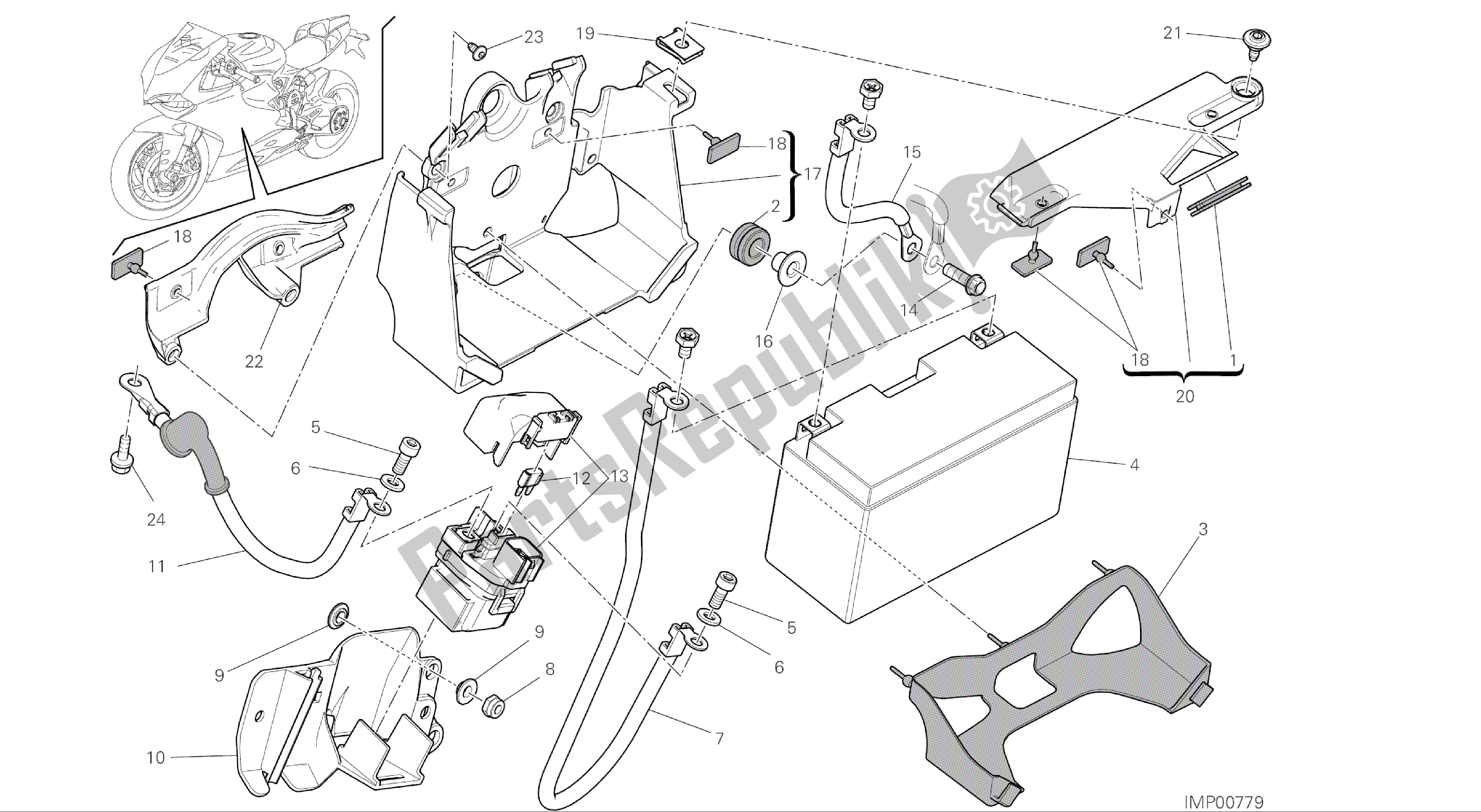 Todas as partes de Desenho 18a - Porta-bateria [mod: 1299; Xst: Aus, Eur, Fra, Jap, Twn] Grupo Elétrico do Ducati Panigale ABS 1299 2016