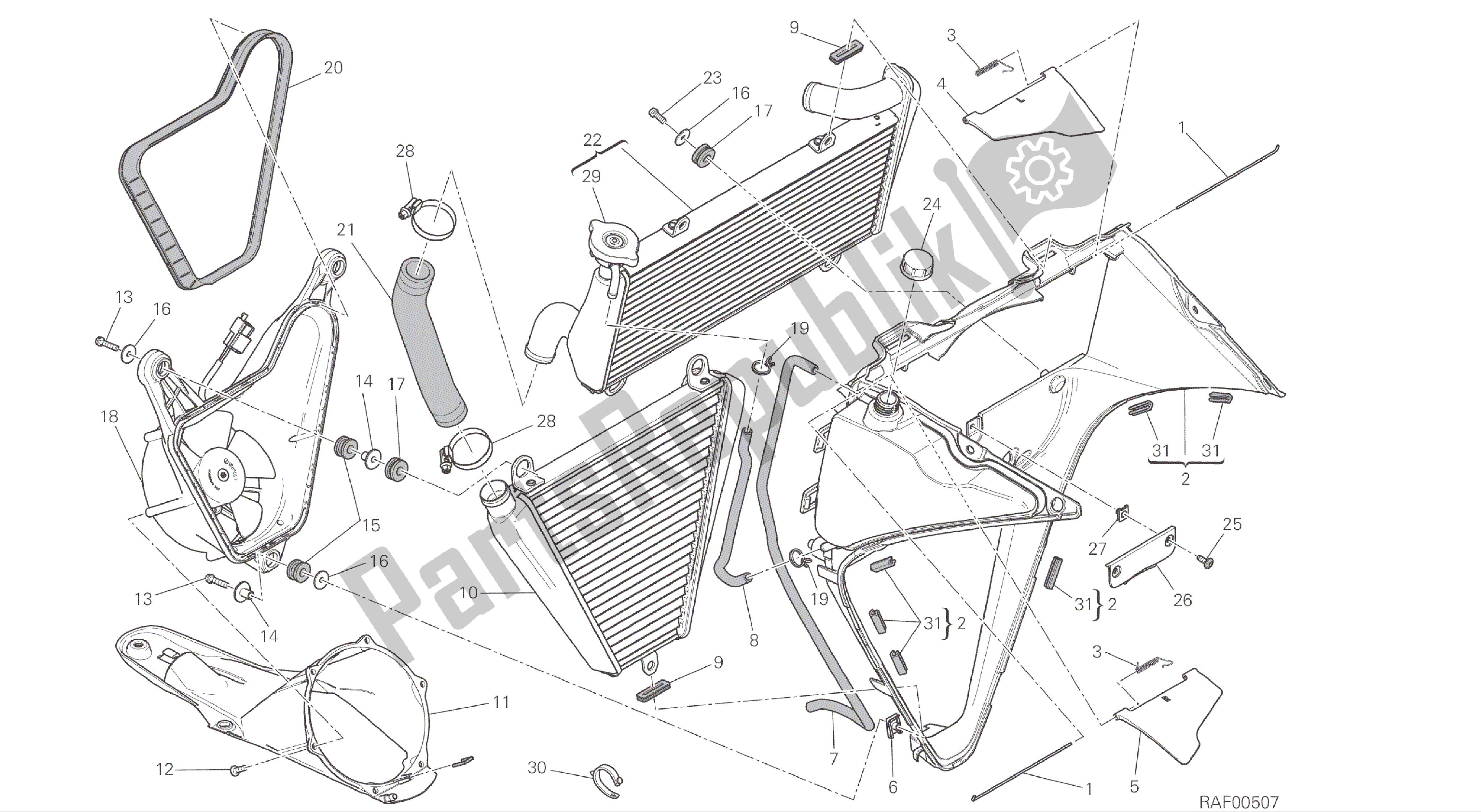 Alle onderdelen voor de Tekening 030 - Waterkoeler [mod: 1299; Xst: Aus, Eur, Fra, Jap, Twn] Groepsframe van de Ducati Panigale ABS 1299 2016