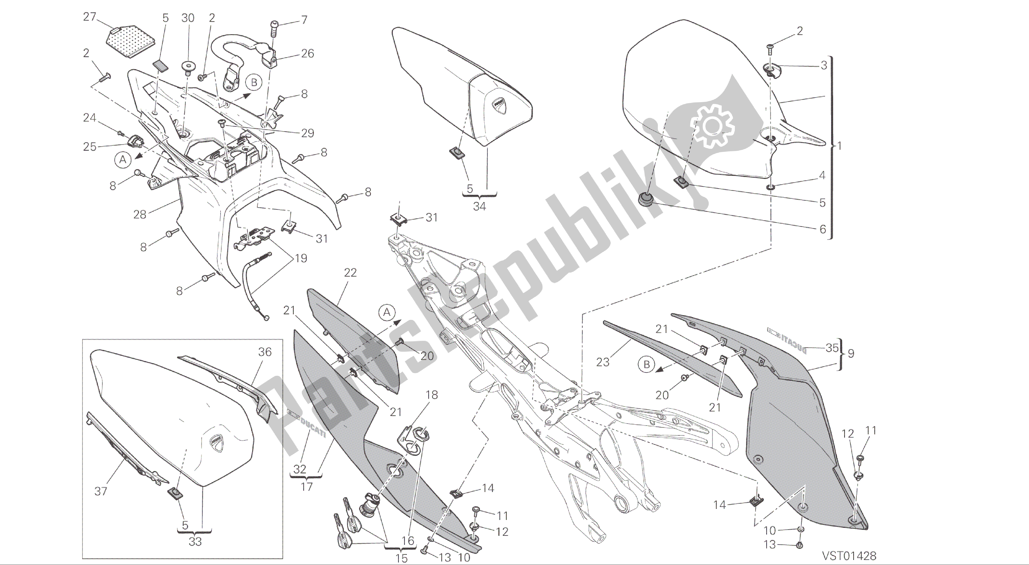 Todas las partes para Dibujo 033 - Asiento [mod: 1299; Xst: Marco De Grupo Aus, Eur, Fra, Jap, Twn] de Ducati Panigale ABS 1299 2016