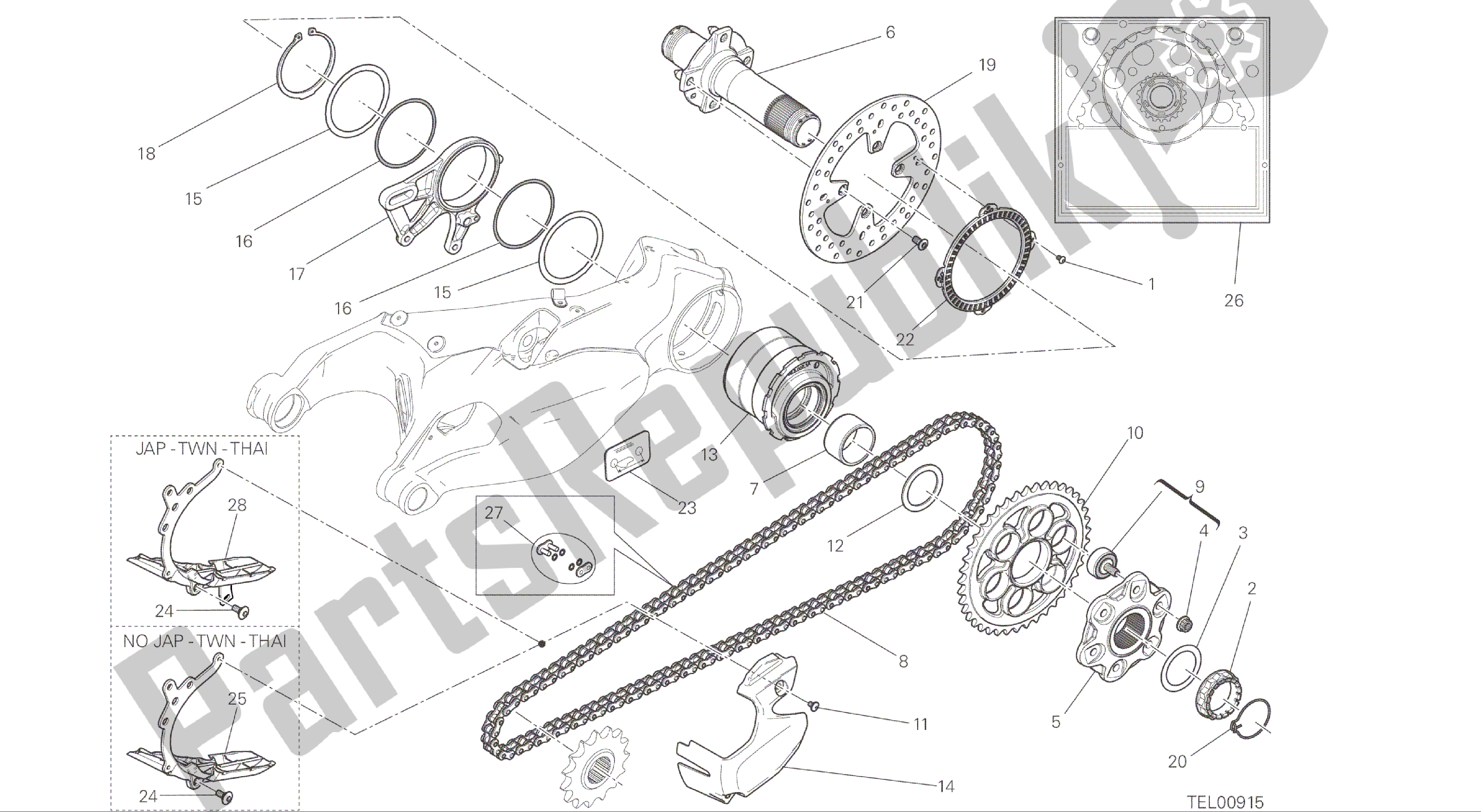 Alle onderdelen voor de Tekening 26a - Achterwielspindel [mod: 1299; Xst: Aus, Eur, Fra, Jap, Twn] Groepsframe van de Ducati Panigale ABS 1299 2016
