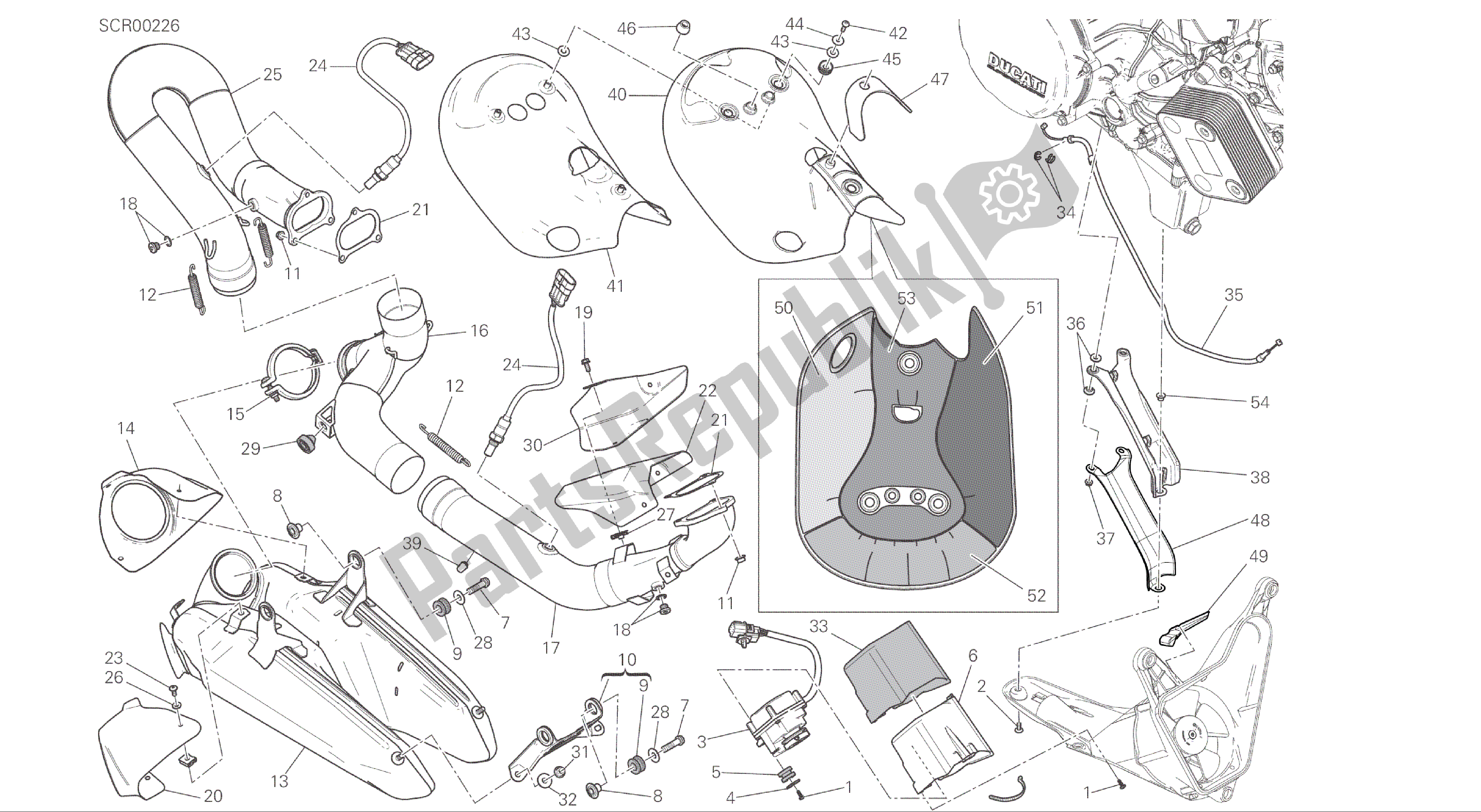 Tutte le parti per il Disegno 019 - Gruppo Scarico [mod: 1299; Xst: Aus, Eur, Fra] Cornice Del Gruppo del Ducati Panigale ABS 1299 2016