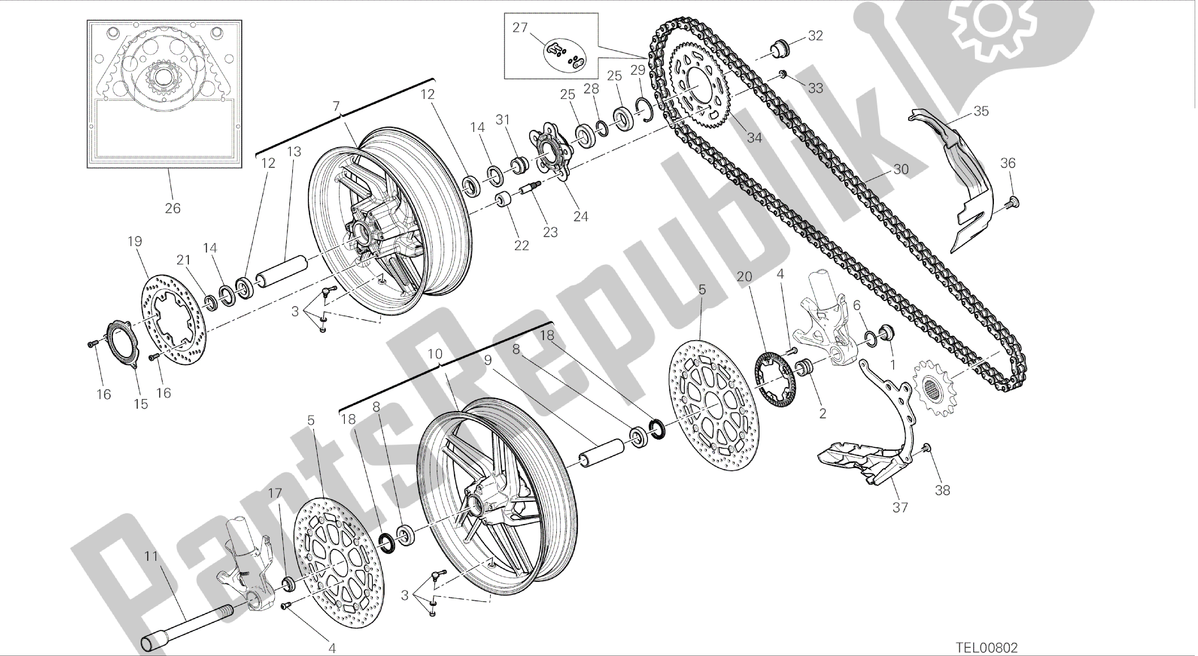 Todas as partes de Desenho 026 - Ruota Anteriore E Posteriore [mod: 899abs; Xst: Aus, Eur, Fra, Jap, Twn] Quadro De Grupo do Ducati Panigale 899 2014