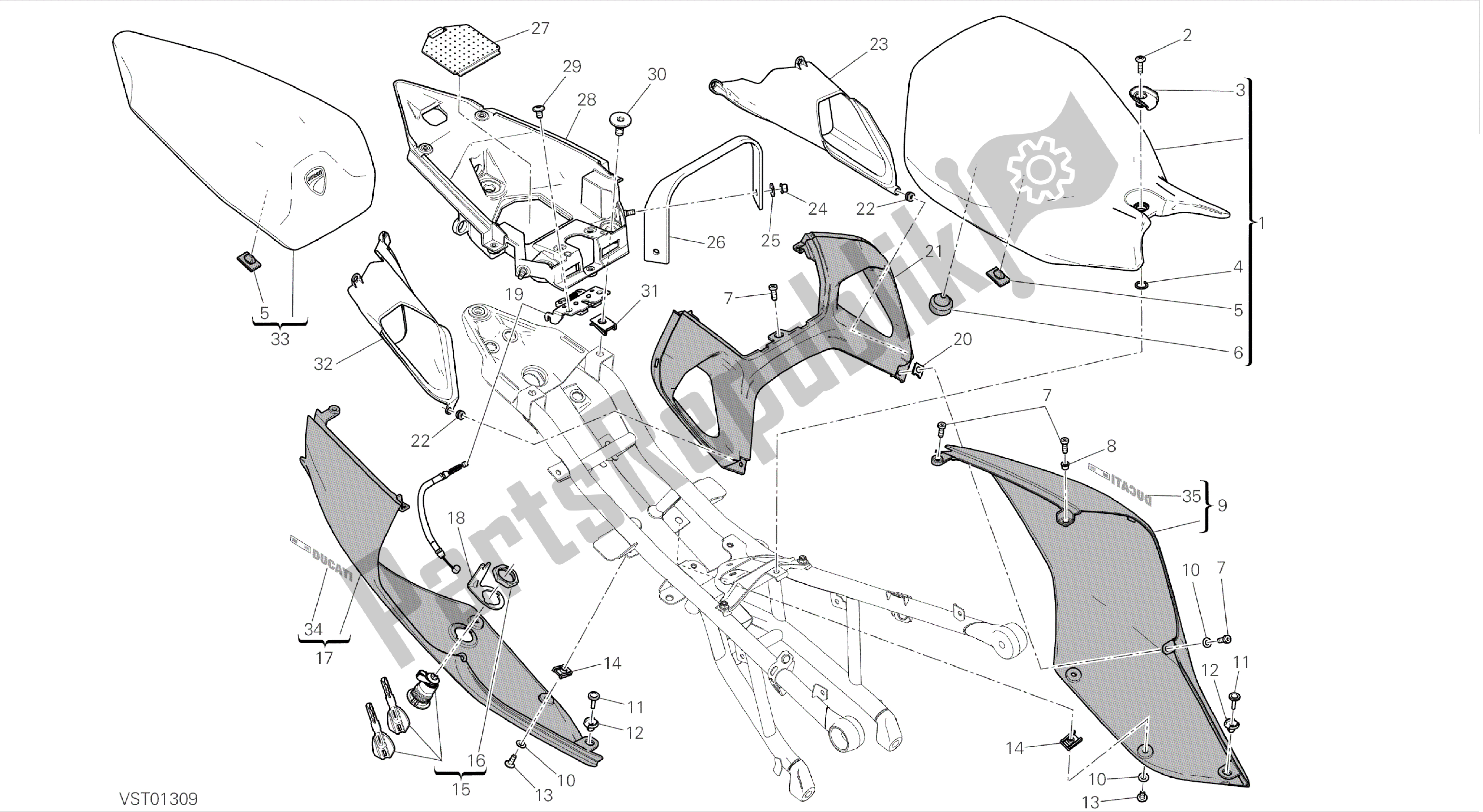 Alle onderdelen voor de Tekening 033 - Stoel [mod: 899 Abs; Xst: Aus, Eur, Fra, Jap, Twn] Groepsframe van de Ducati Panigale 899 2014