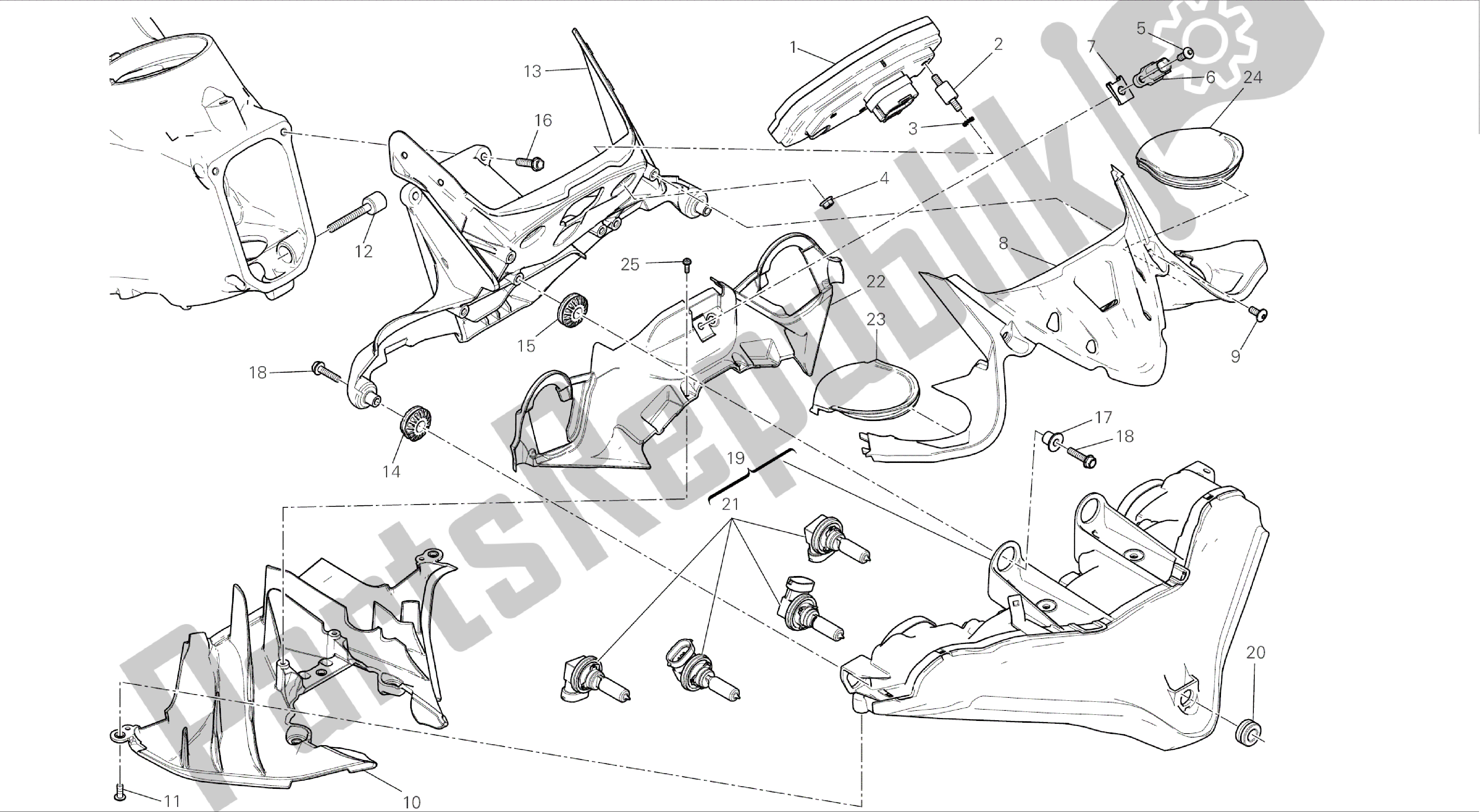 Alle onderdelen voor de Tekening 020 - Fanale Anteriore E Cruscotto [mod: 899abs; Xst: Aus, Eur, Fra, Jap, Twn] Groepsframe van de Ducati Panigale 899 2014