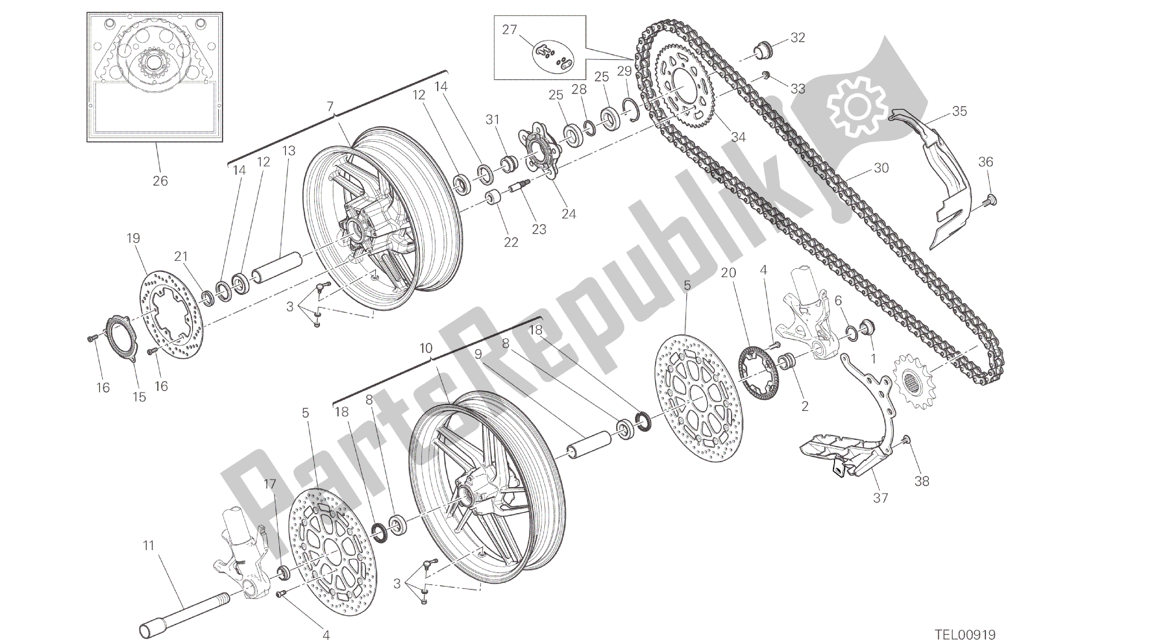 Alle onderdelen voor de Tekening 026 - Ruota Anteriore E Posteriore [mod: 959. 959aws; Xst: Aus, Eur, Fra, Jap, Twn] Groepsframe van de Ducati Panigale 959 2016